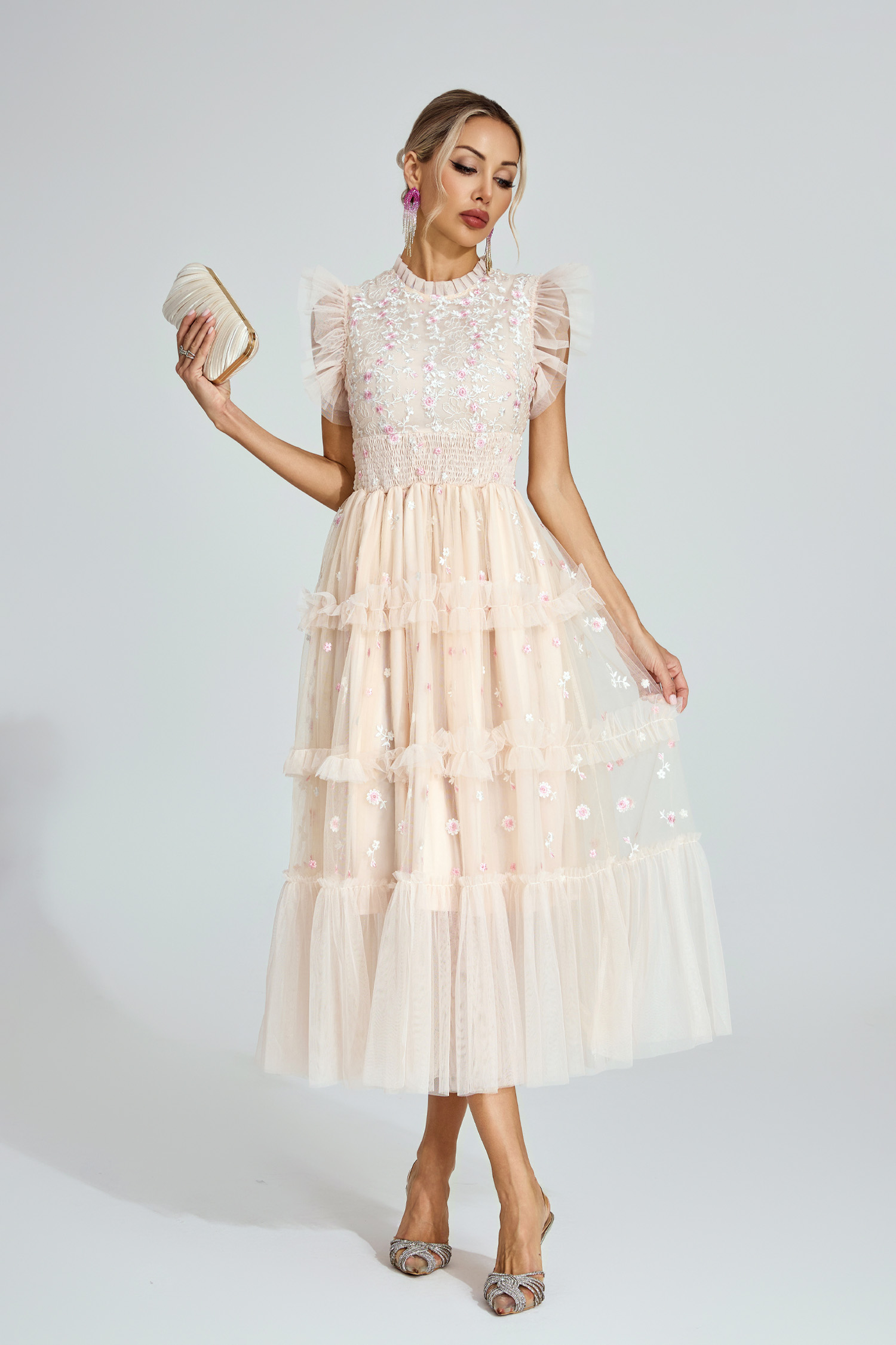 Hulda  Apricot Embroidered Tulle Maxi Dress