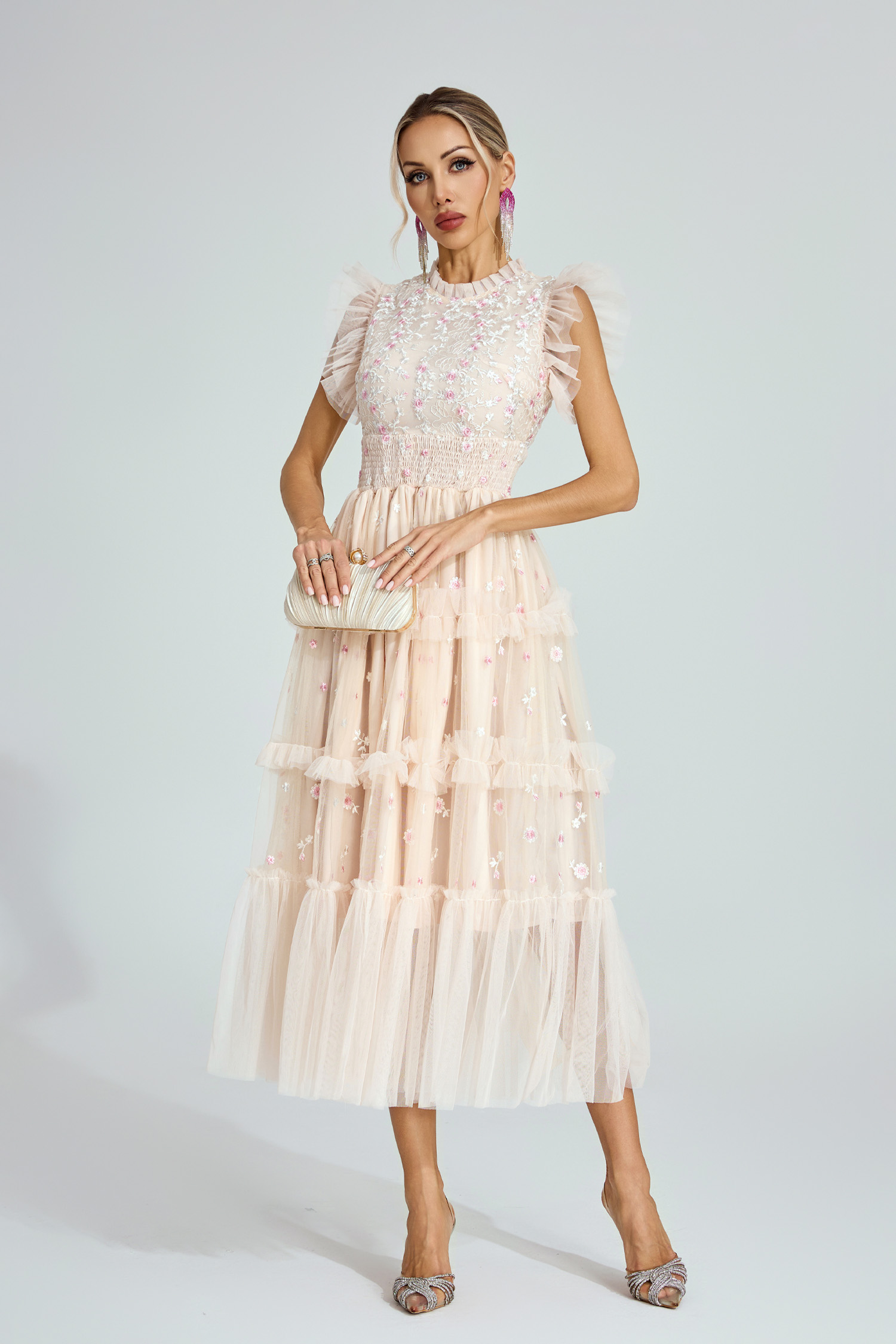 Hulda  Apricot Embroidered Tulle Maxi Dress