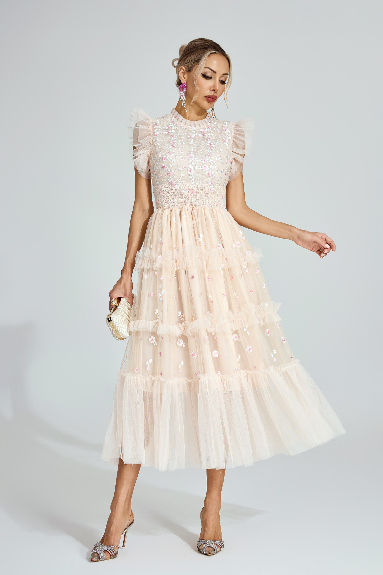 Hulda  Apricot Embroidered Tulle Maxi Dress