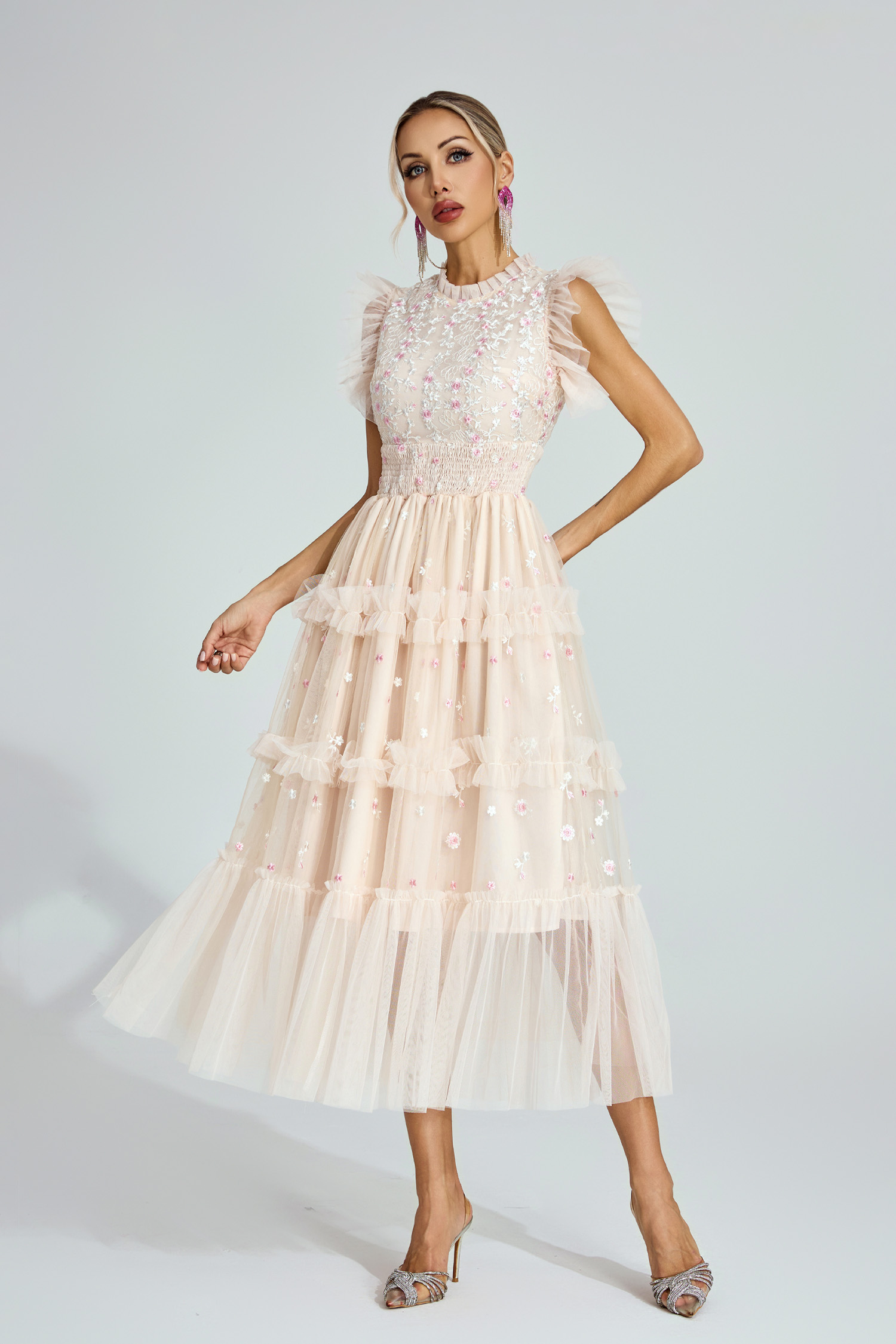 Hulda  Apricot Embroidered Tulle Maxi Dress