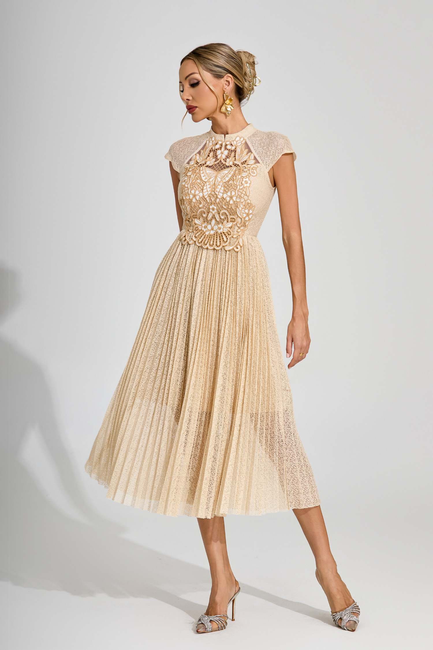 Huxley Apricot Lace Embroidered Midi Dress