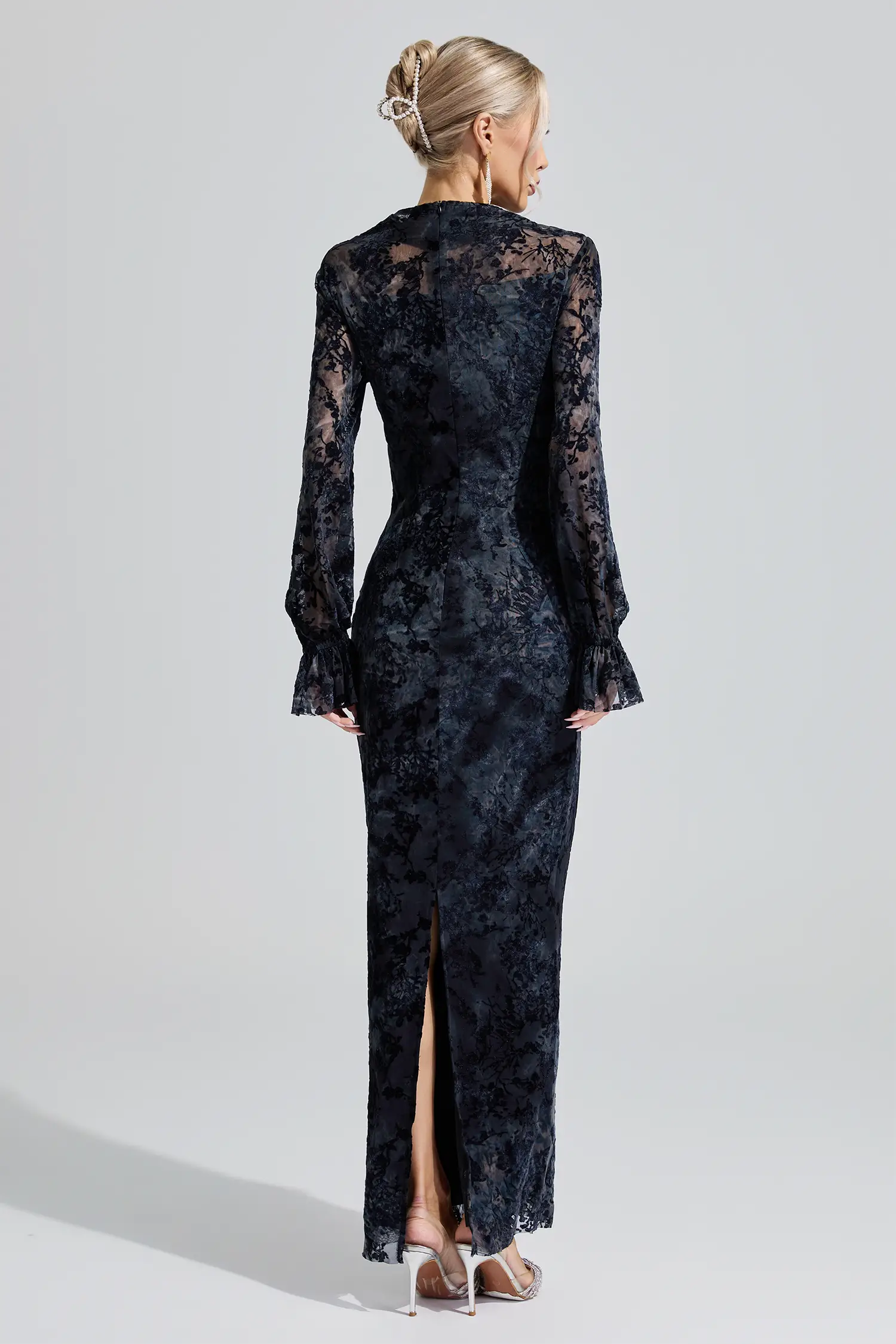 Themis Gray Black Lace Velvet Maxi Dress