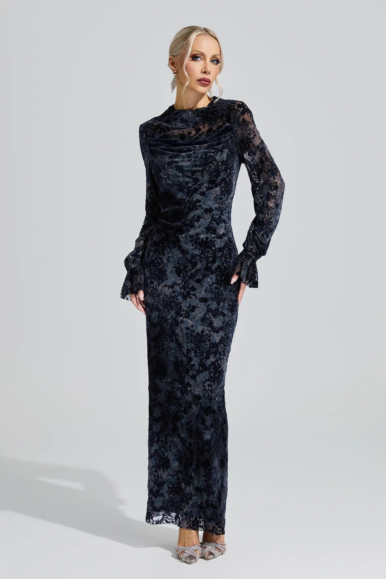 Themis Gray Black Lace Velvet Maxi Dress