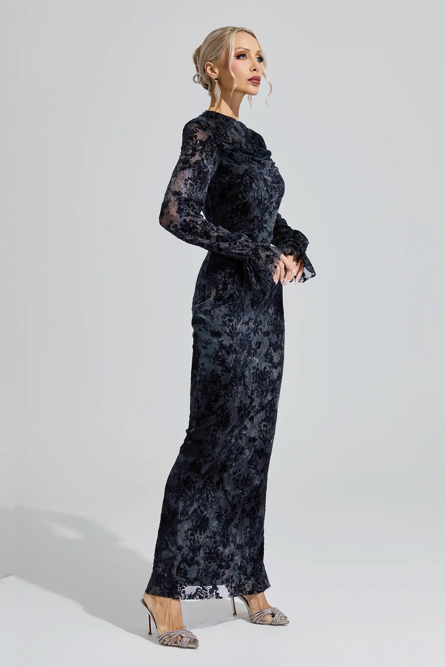 Themis Gray Black Lace Velvet Maxi Dress
