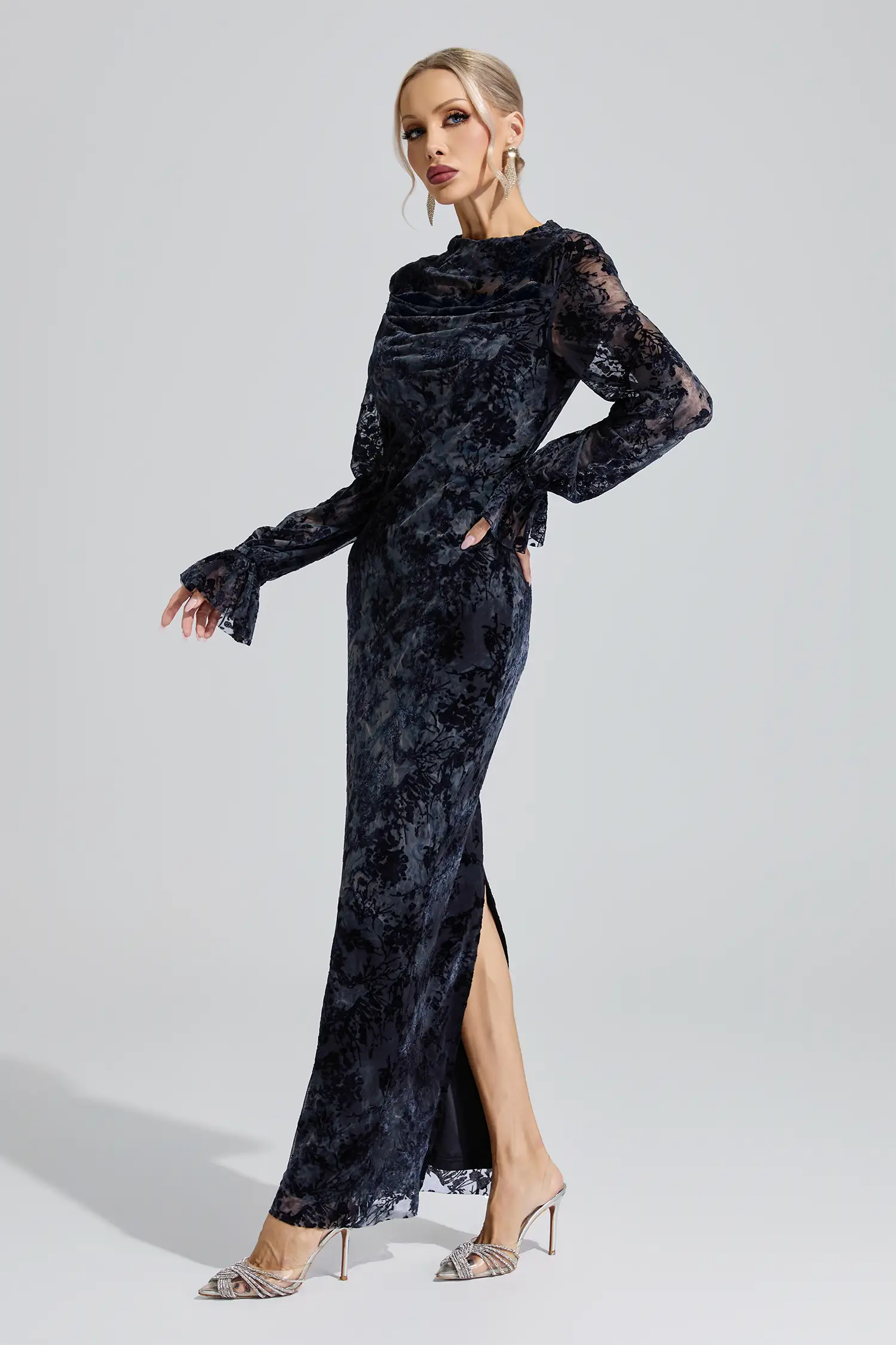 Themis Gray Black Lace Velvet Maxi Dress