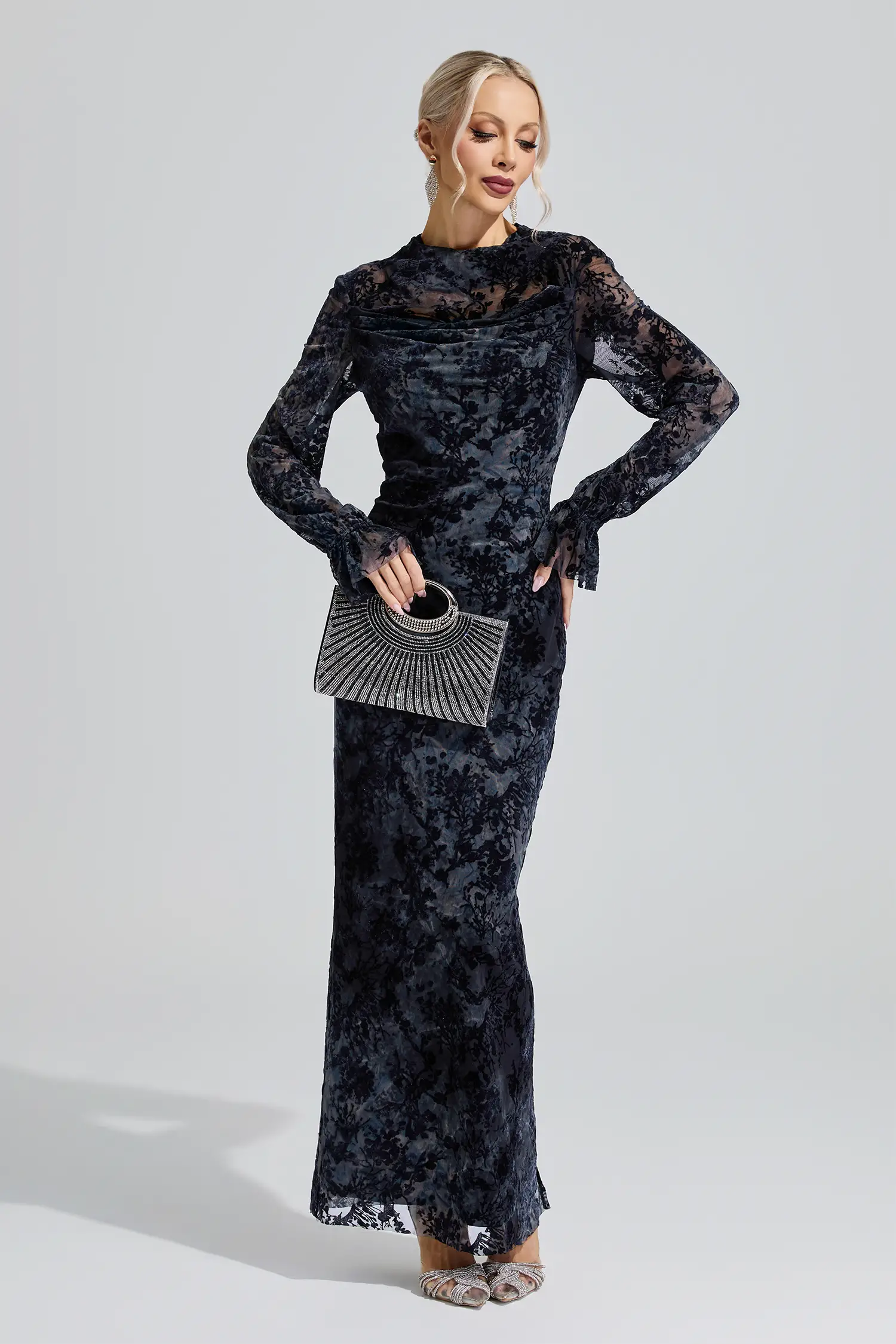 Themis Gray Black Lace Velvet Maxi Dress