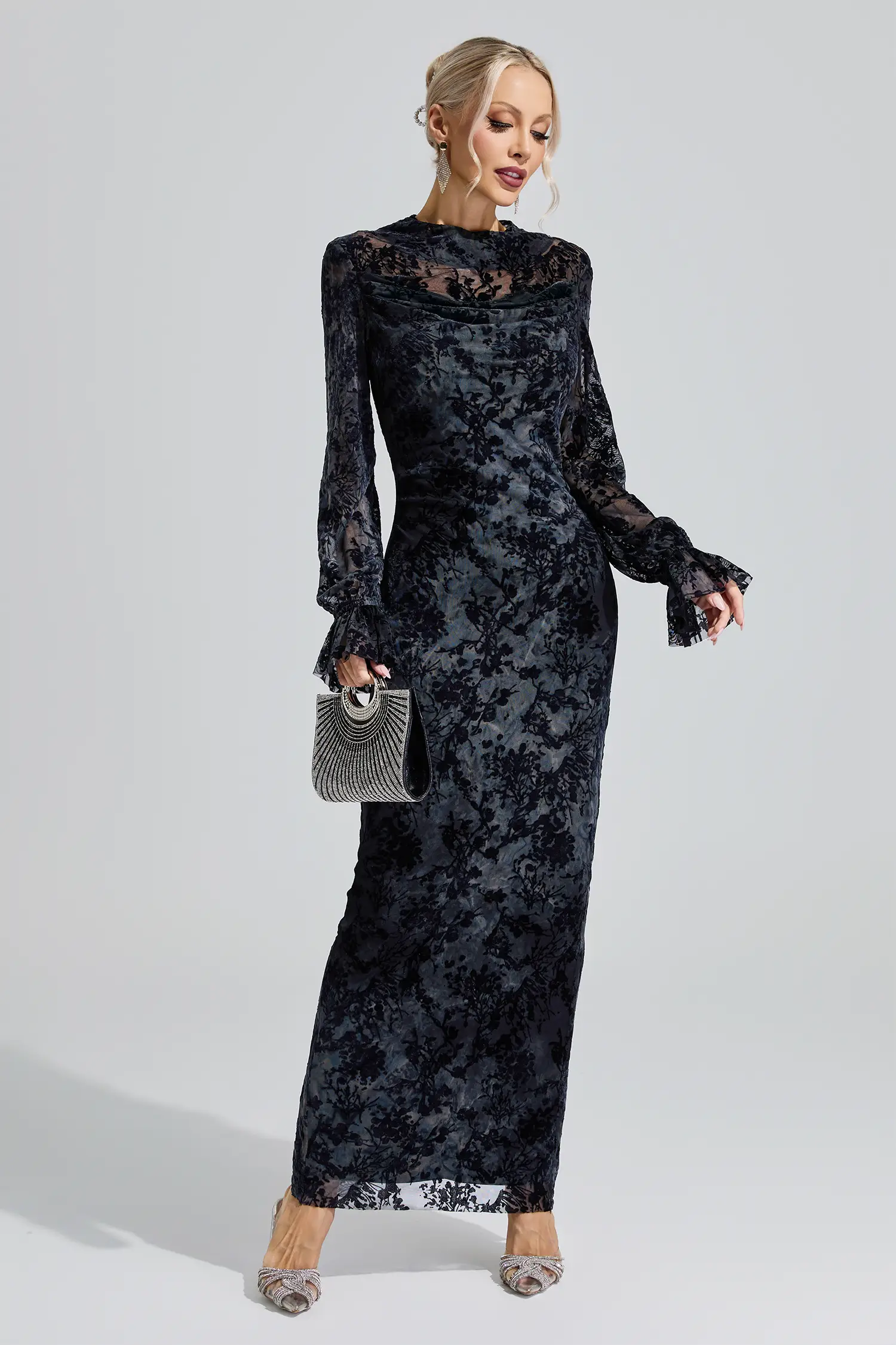 Themis Gray Black Lace Velvet Maxi Dress