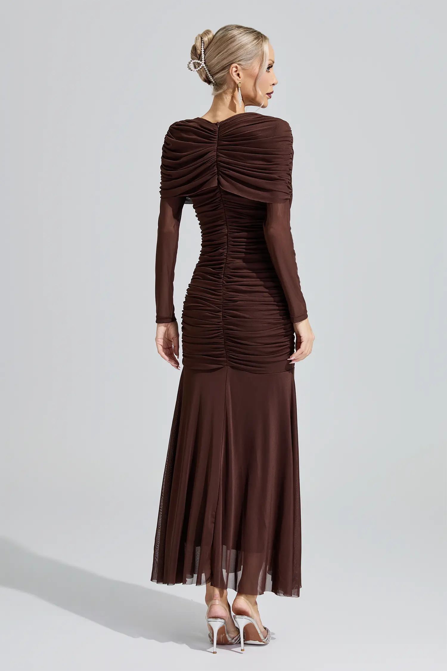 Idun Brown Ruched Knit Maxi Dress