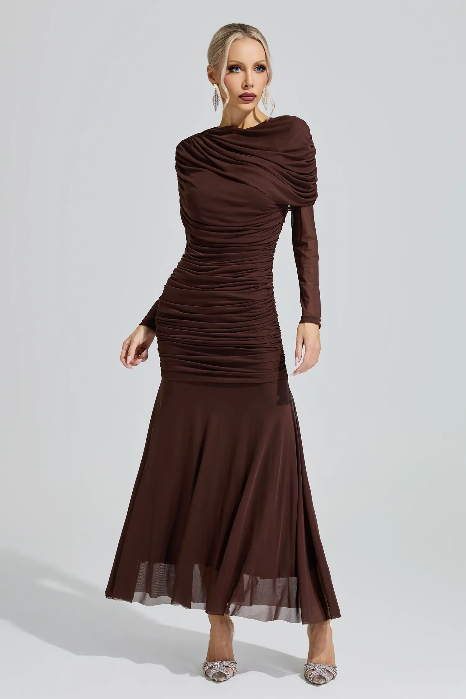 Idun Brown Ruched Knit Maxi Dress