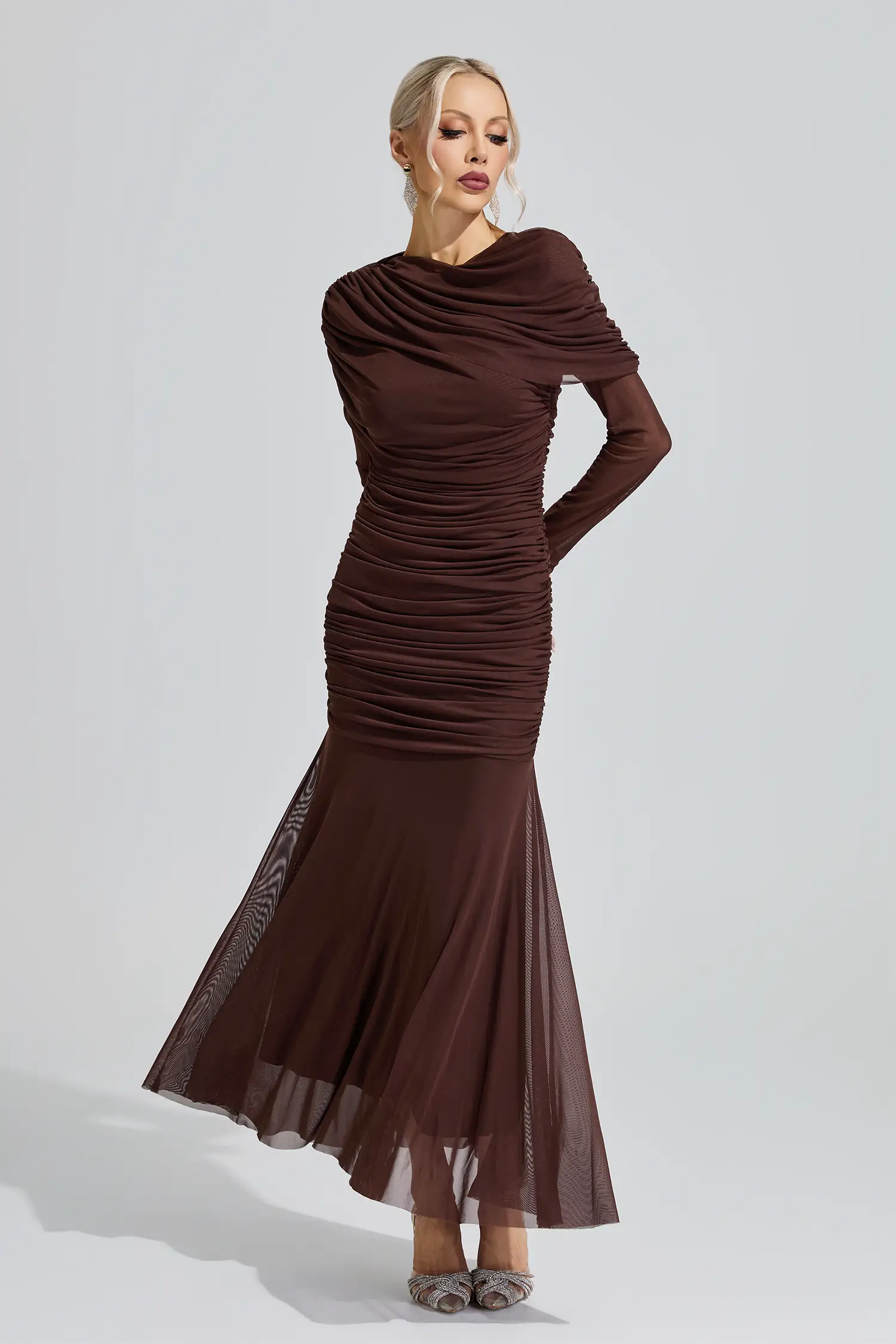 Idun Brown Ruched Knit Maxi Dress