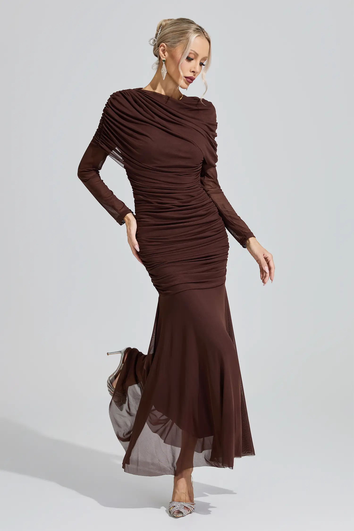 Idun Brown Ruched Knit Maxi Dress