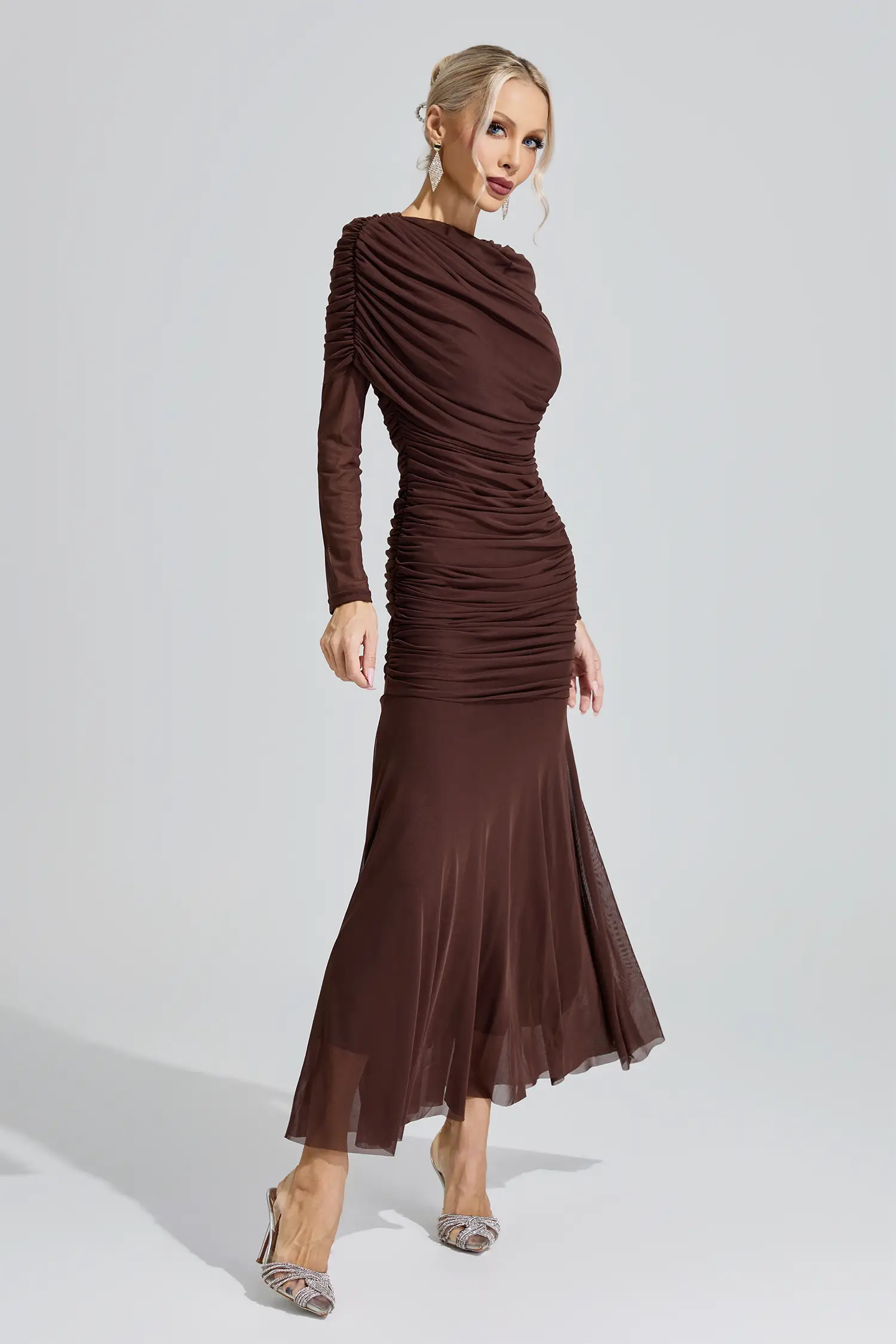 Idun Brown Ruched Knit Maxi Dress