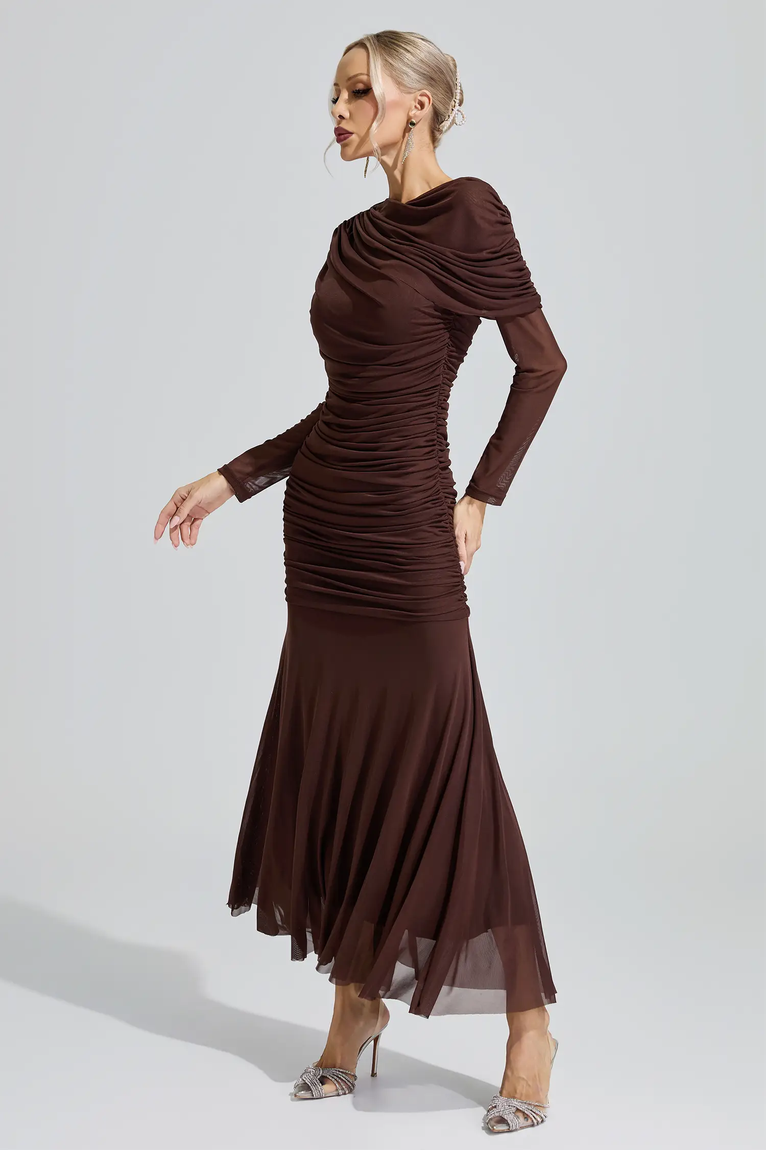 Idun Brown Ruched Knit Maxi Dress