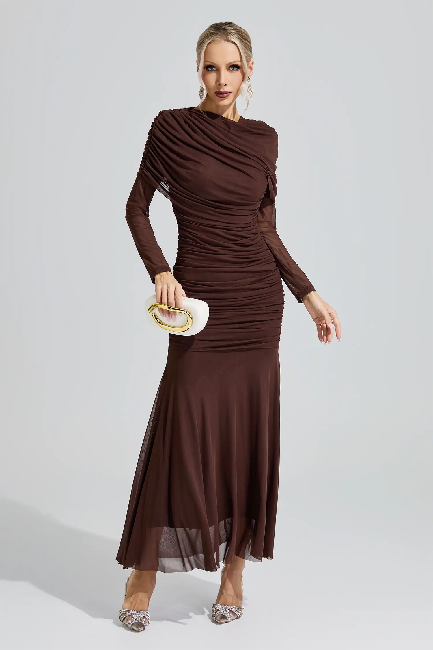 Idun Brown Ruched Knit Maxi Dress