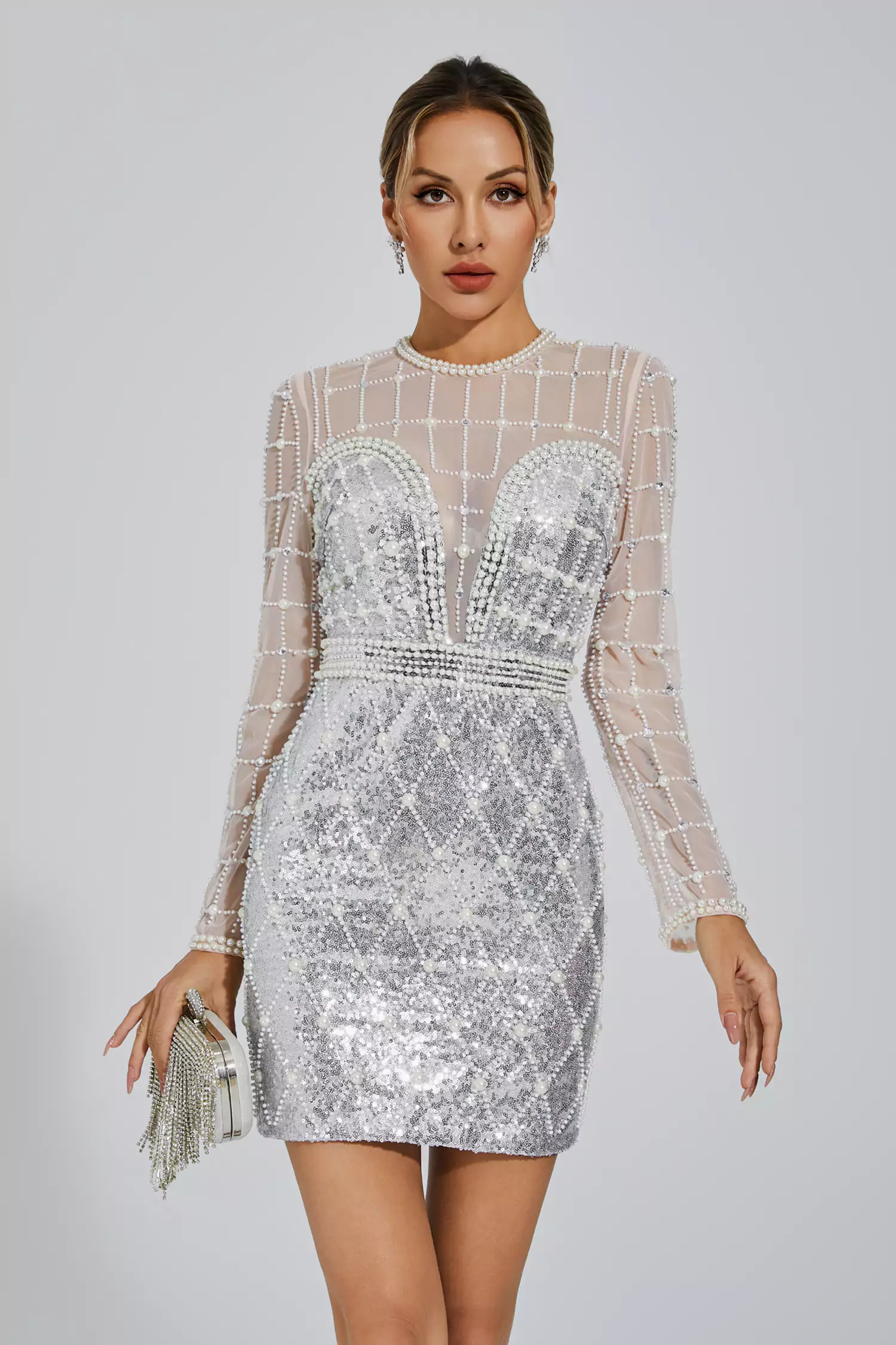 Iliana Silver Pearl Embellished Sequin Dress-CATCHALL
