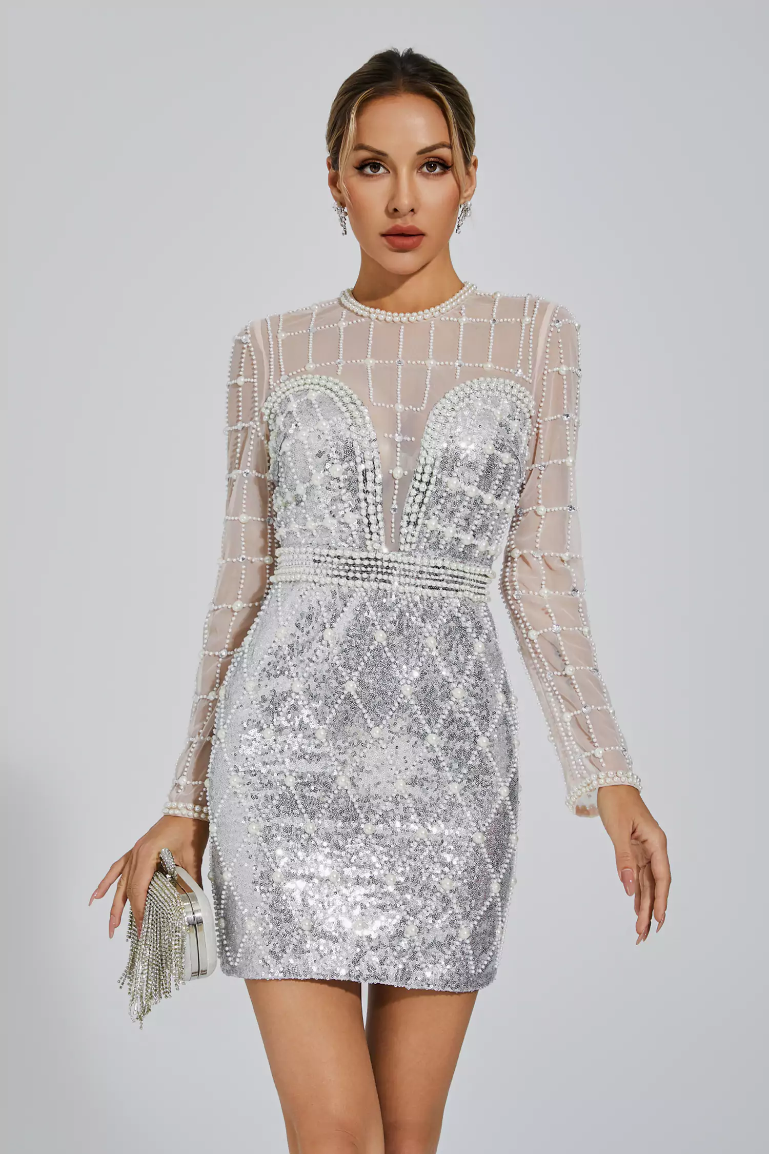 Iliana Silver Pearl Embellished Sequin Dress