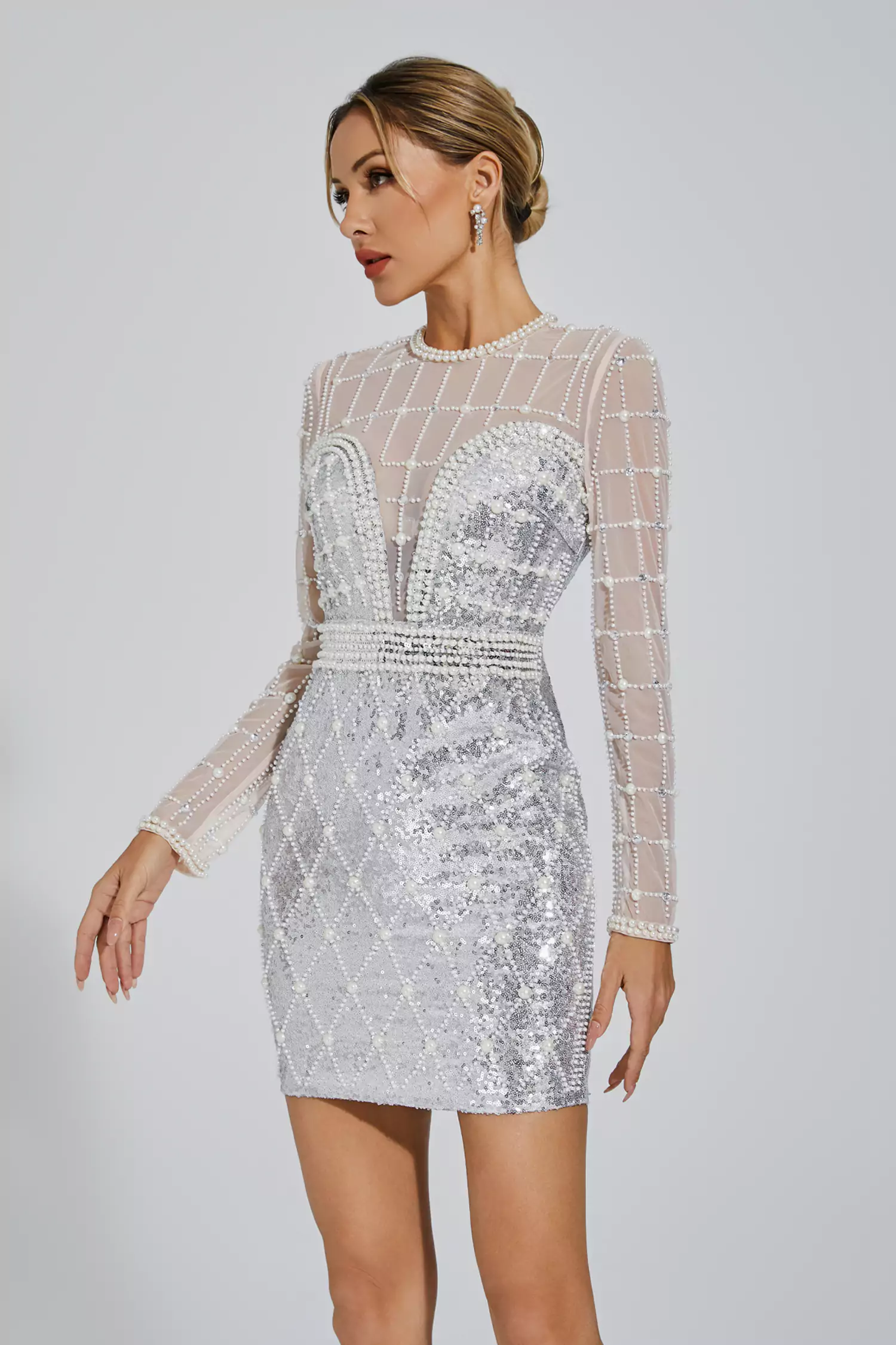 Iliana Silver Pearl Embellished Sequin Dress-CATCHALL