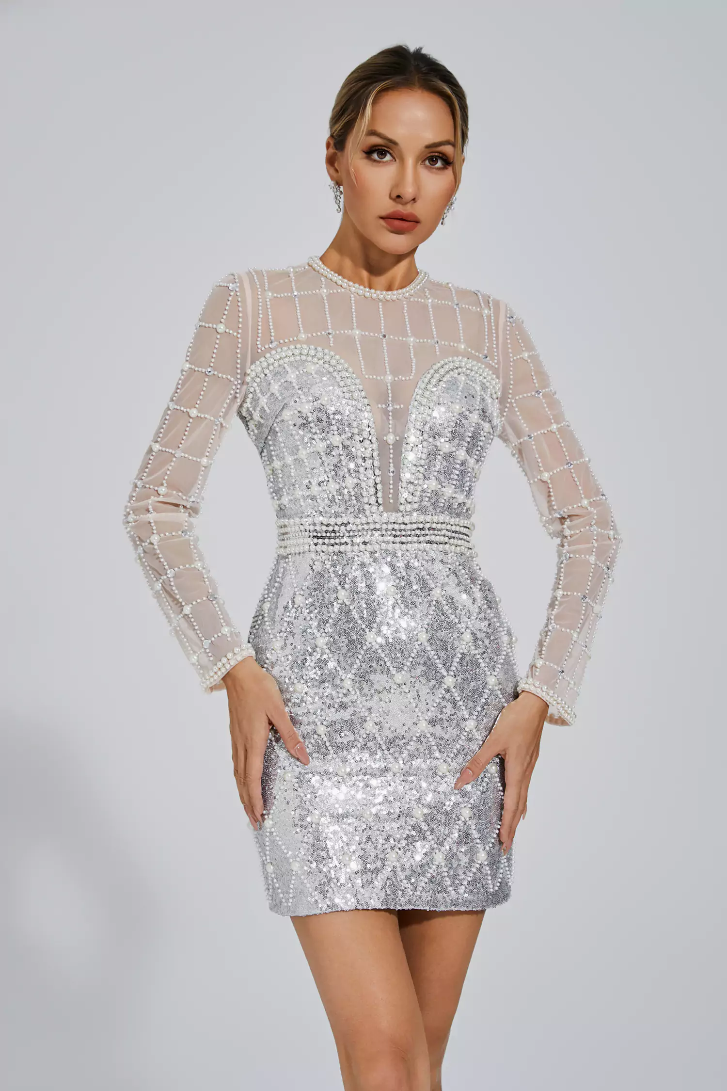 Iliana Silver Pearl Embellished Sequin Dress-CATCHALL