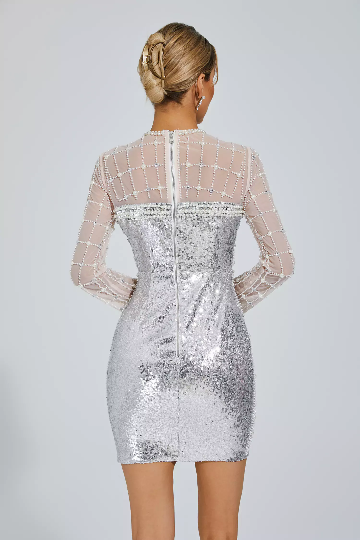 Iliana Silver Pearl Embellished Sequin Dress-CATCHALL