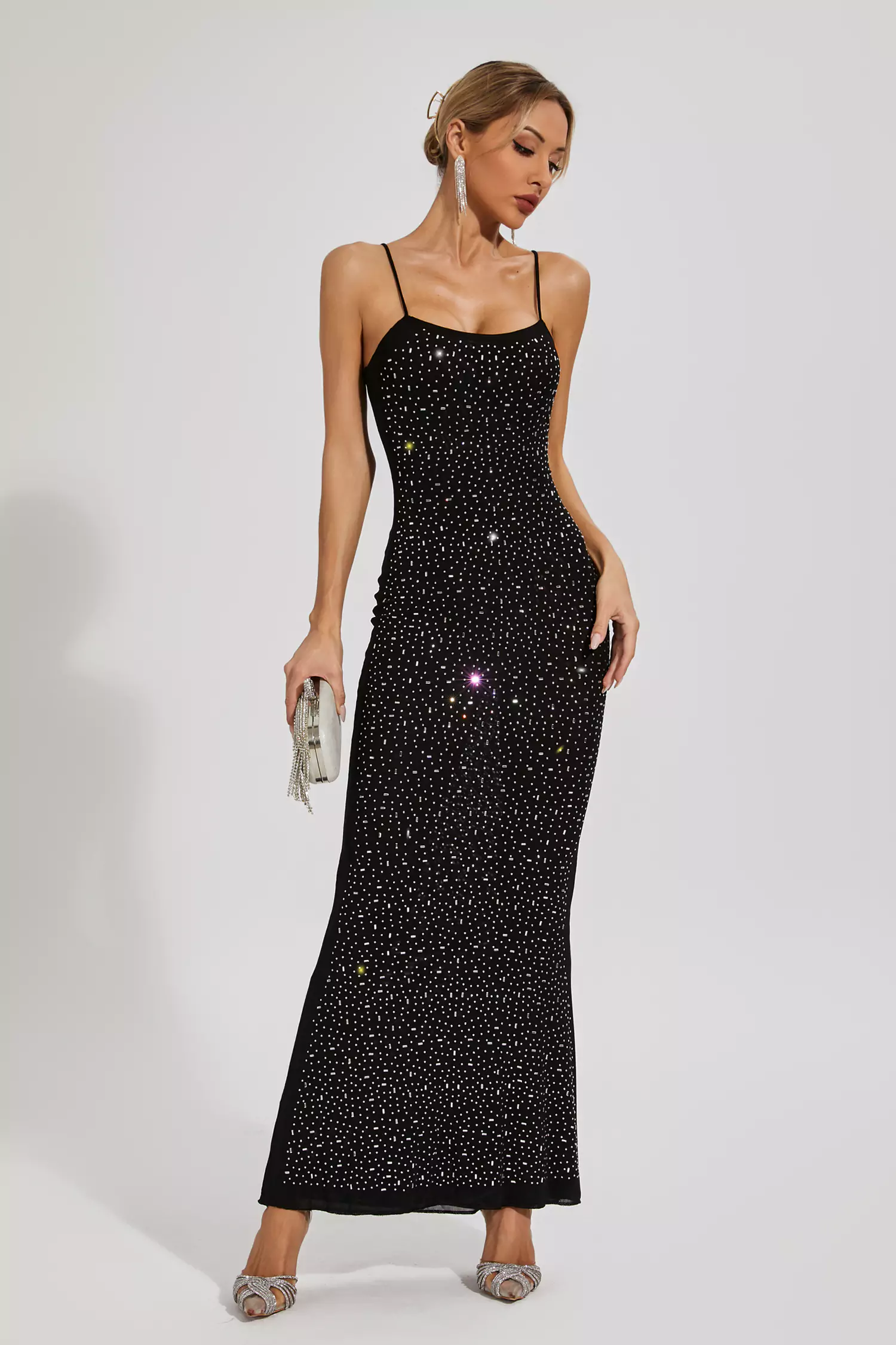 Indie Black Embellished Mesh Maxi Dress-CATCHALL