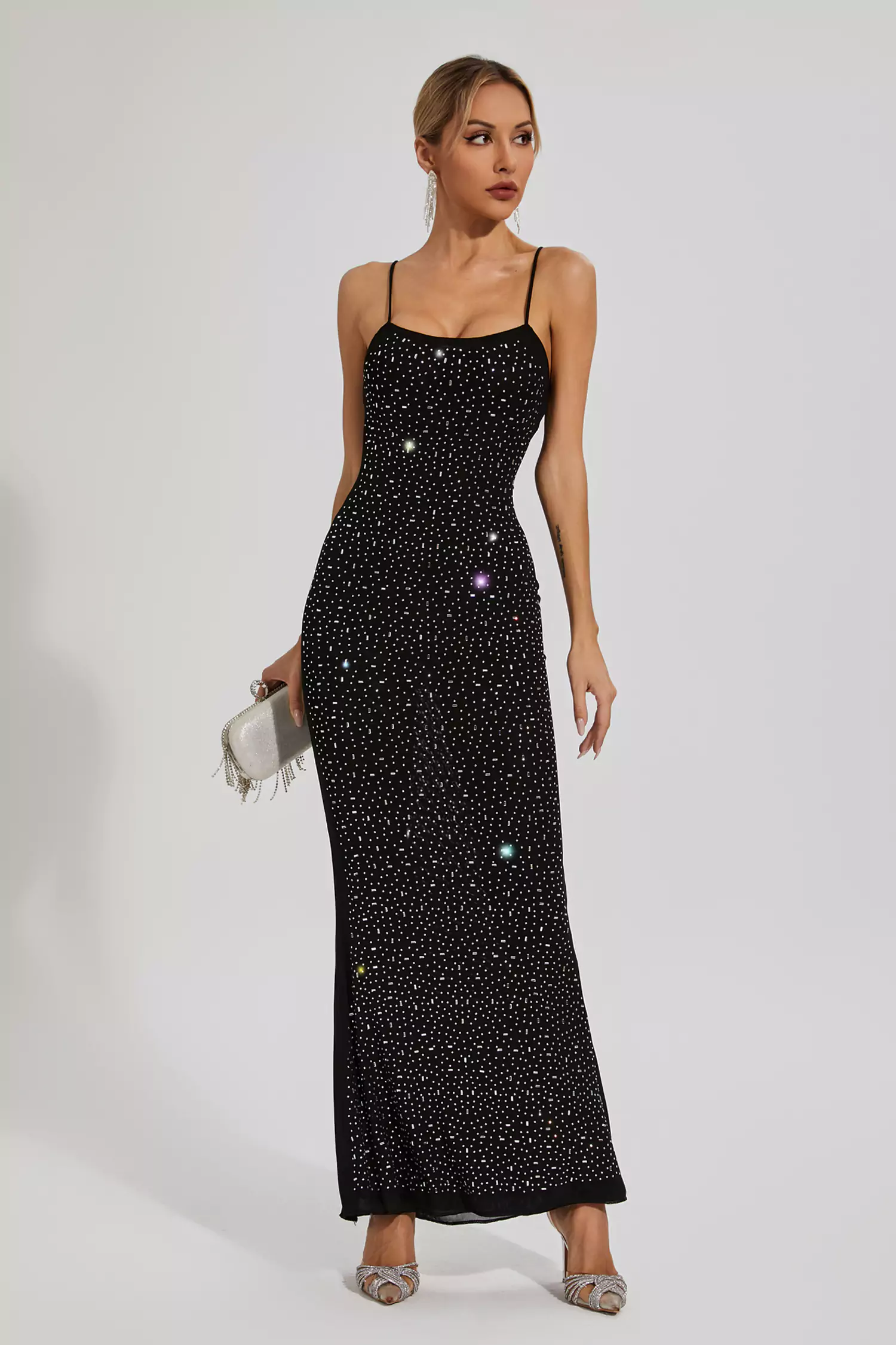 Indie Black Embellished Mesh Maxi Dress-CATCHALL