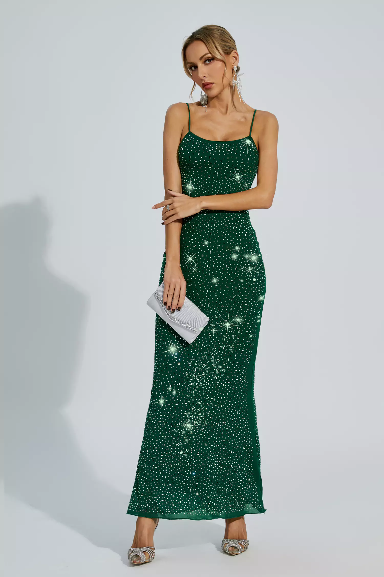 Indie Green Embellished Mesh Maxi Dress-CATCHALL