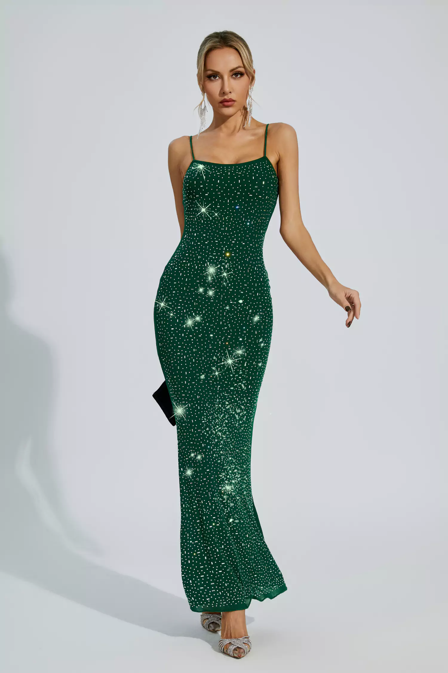 Indie Green Embellished Mesh Maxi Dress-CATCHALL