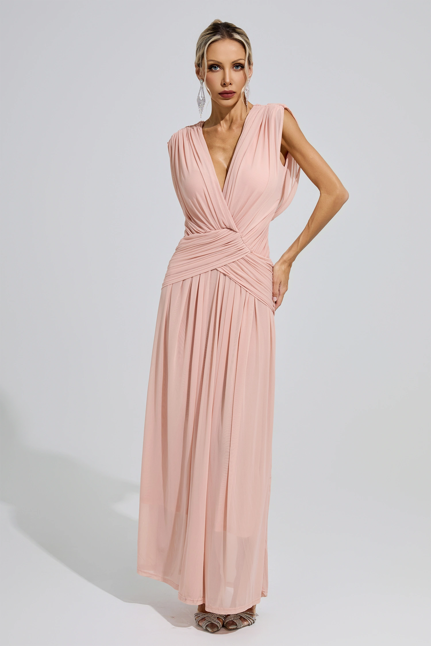 Irène Pink Sleeveless Ruched Maxi Dress