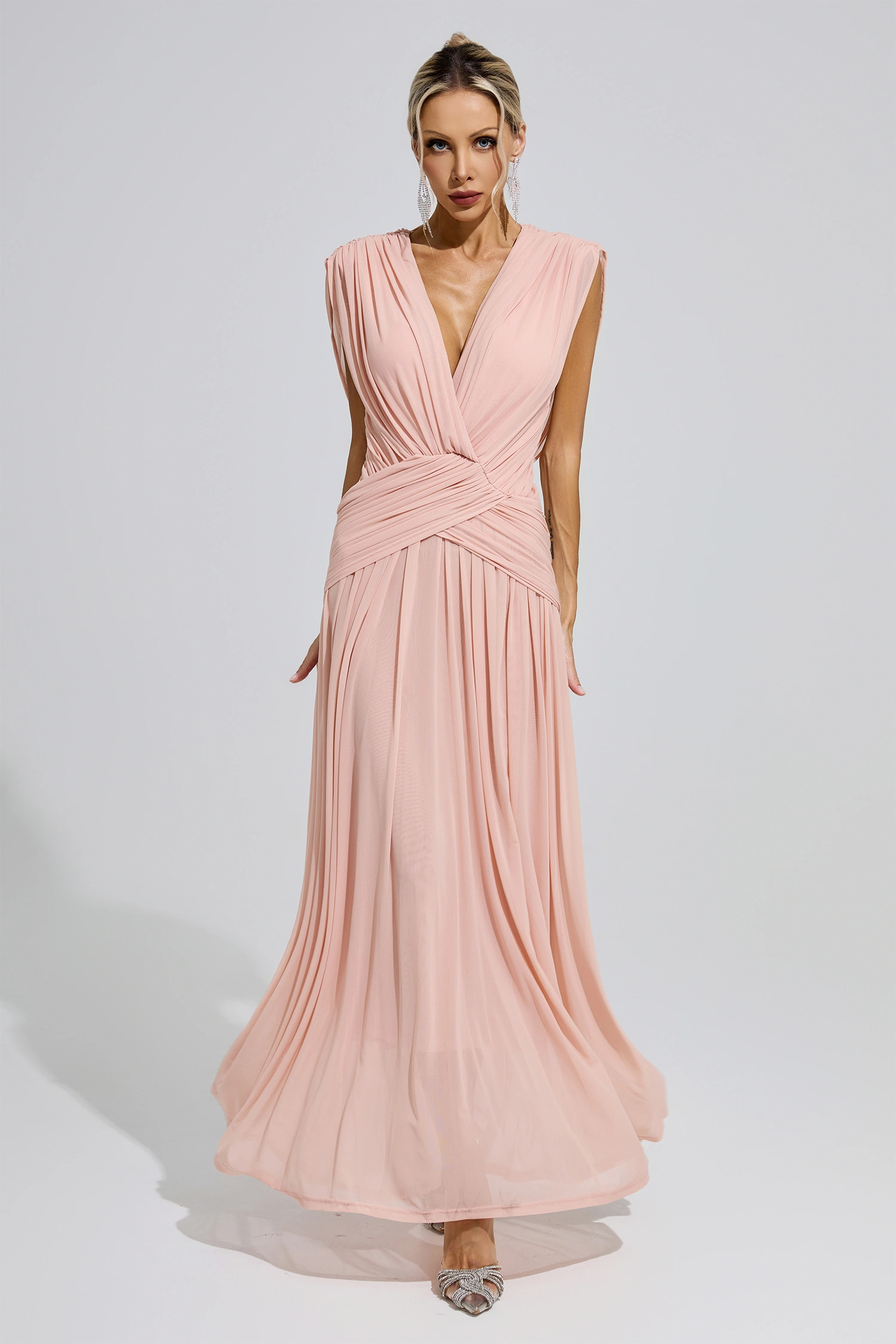 Irène Pink Sleeveless Ruched Maxi Dress