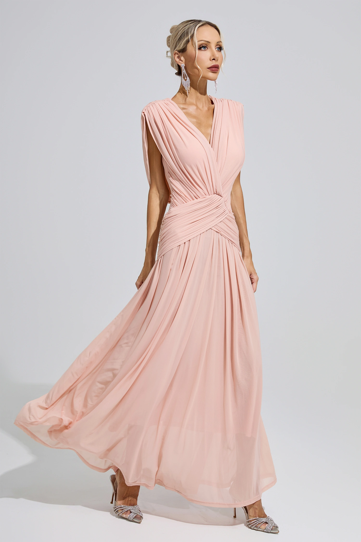 Irène Pink Sleeveless Ruched Maxi Dress