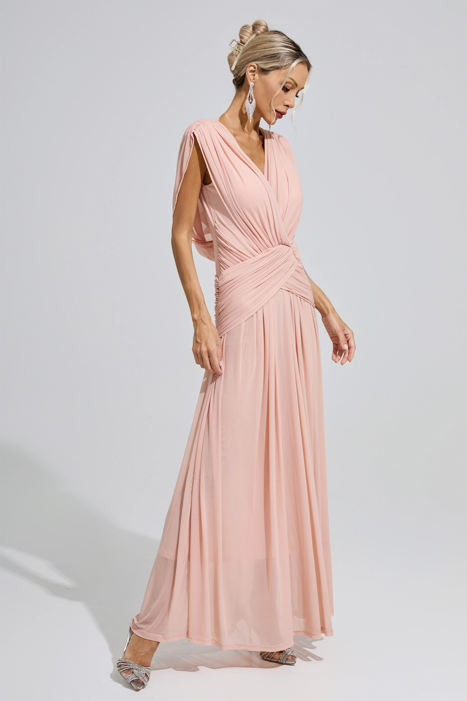 Irène Pink Sleeveless Ruched Maxi Dress