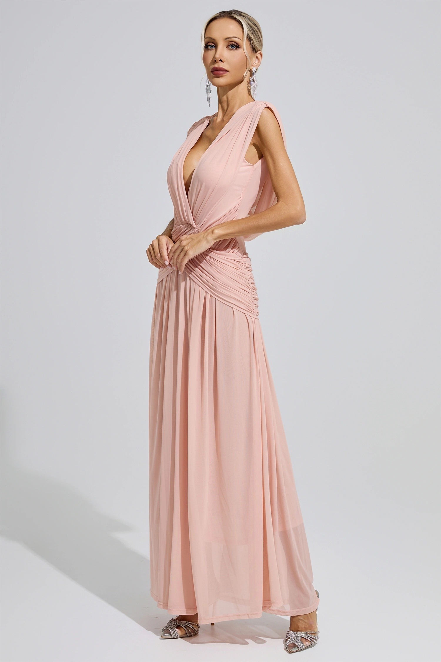 Irène Pink Sleeveless Ruched Maxi Dress