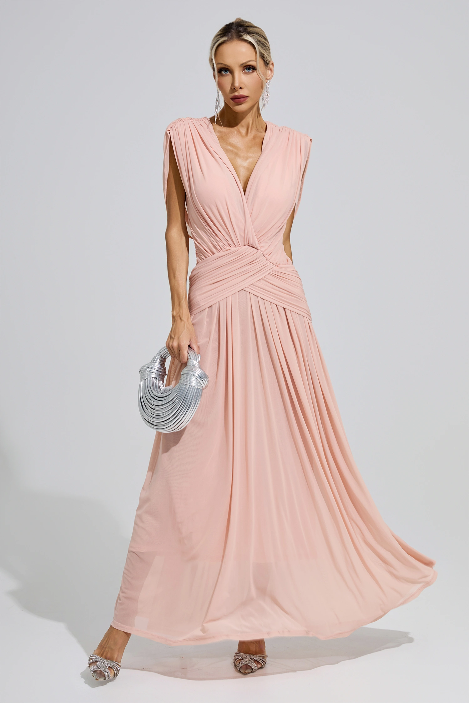 Irène Pink Sleeveless Ruched Maxi Dress