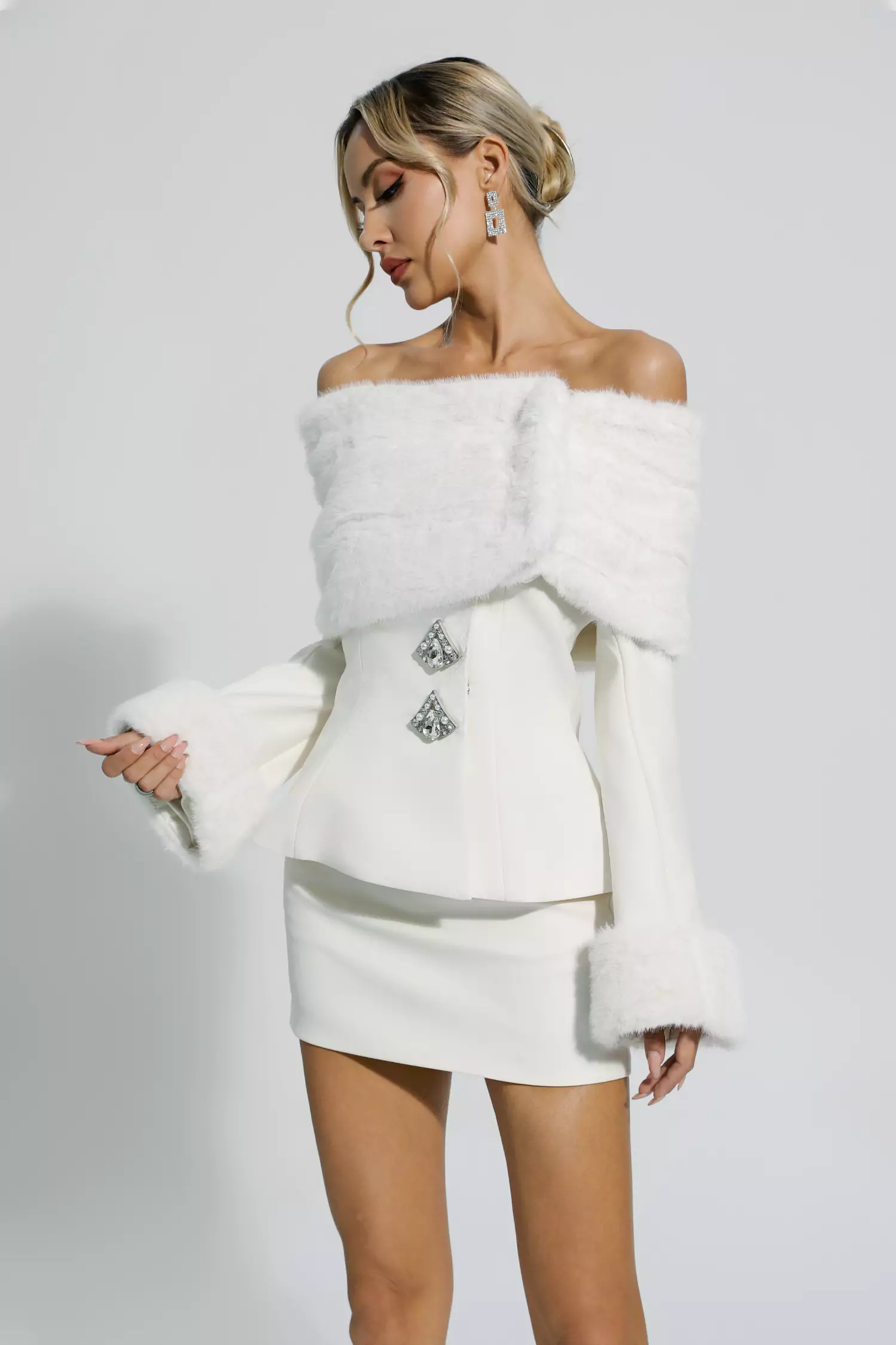 Irene White Furry Coat Set-CATCHALL