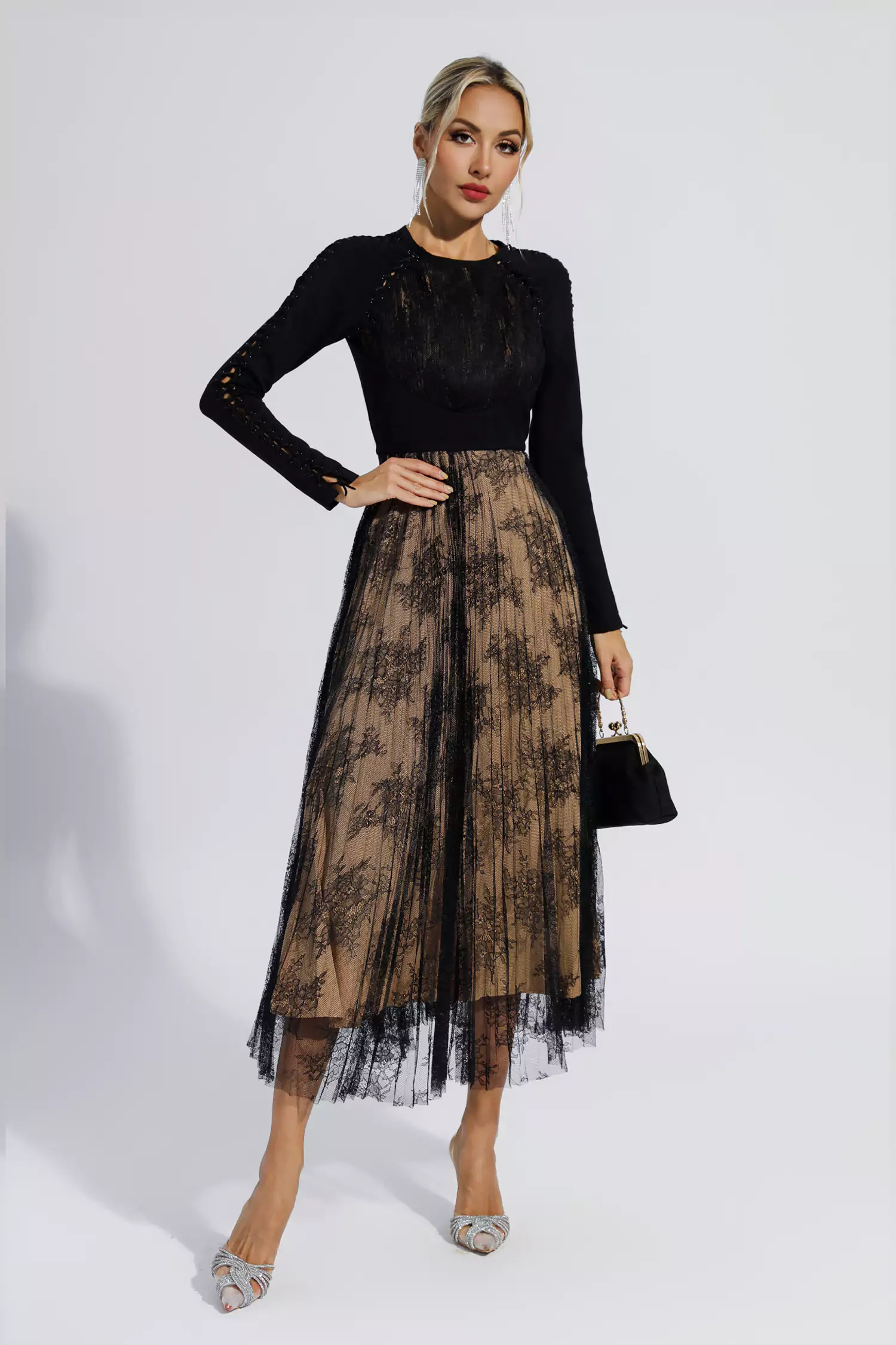 Itzel Black Lace Long Sleeve Maxi Dress-CATCHALL