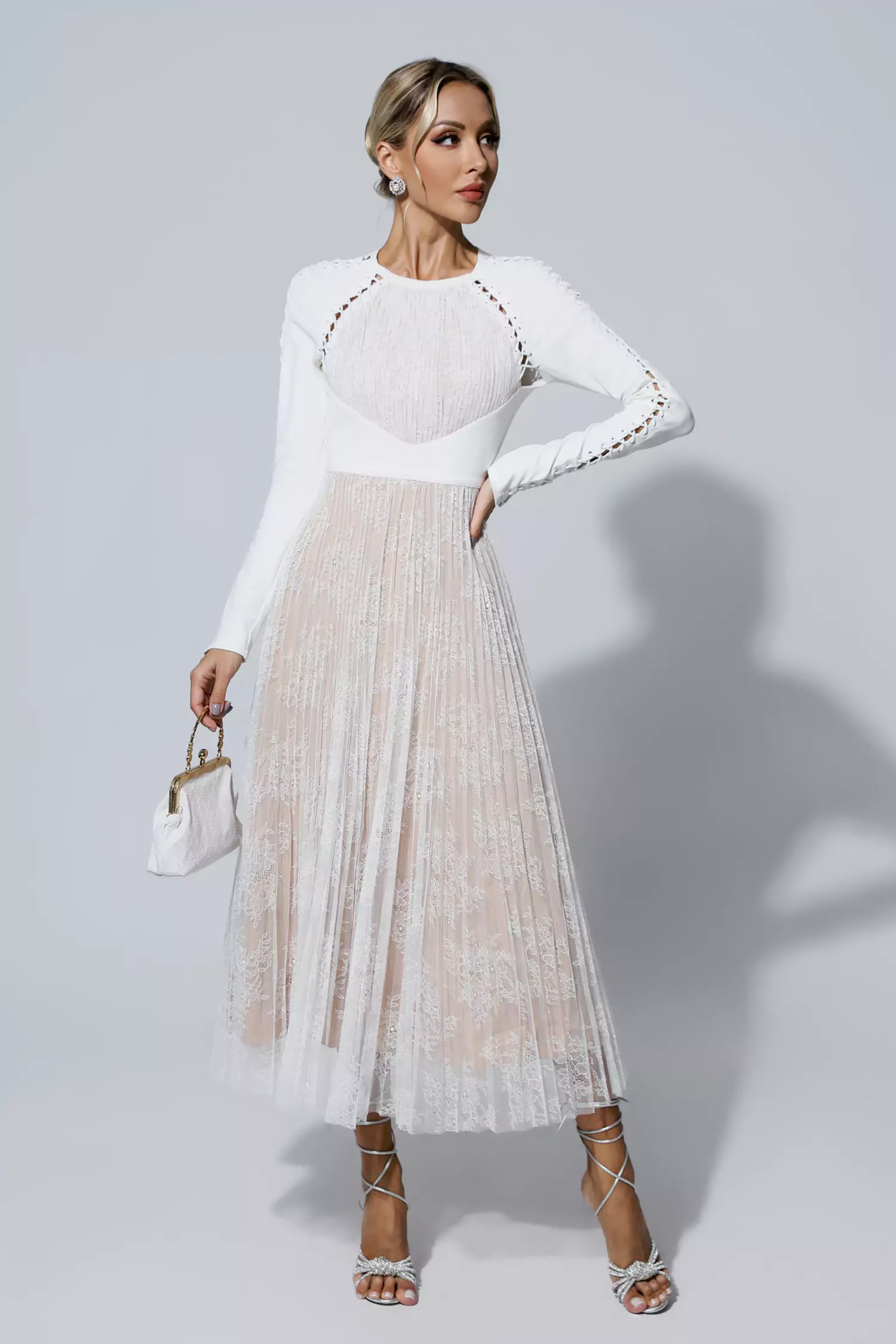 Itzel White Lace Long Sleeve Maxi Dress-CATCHALL