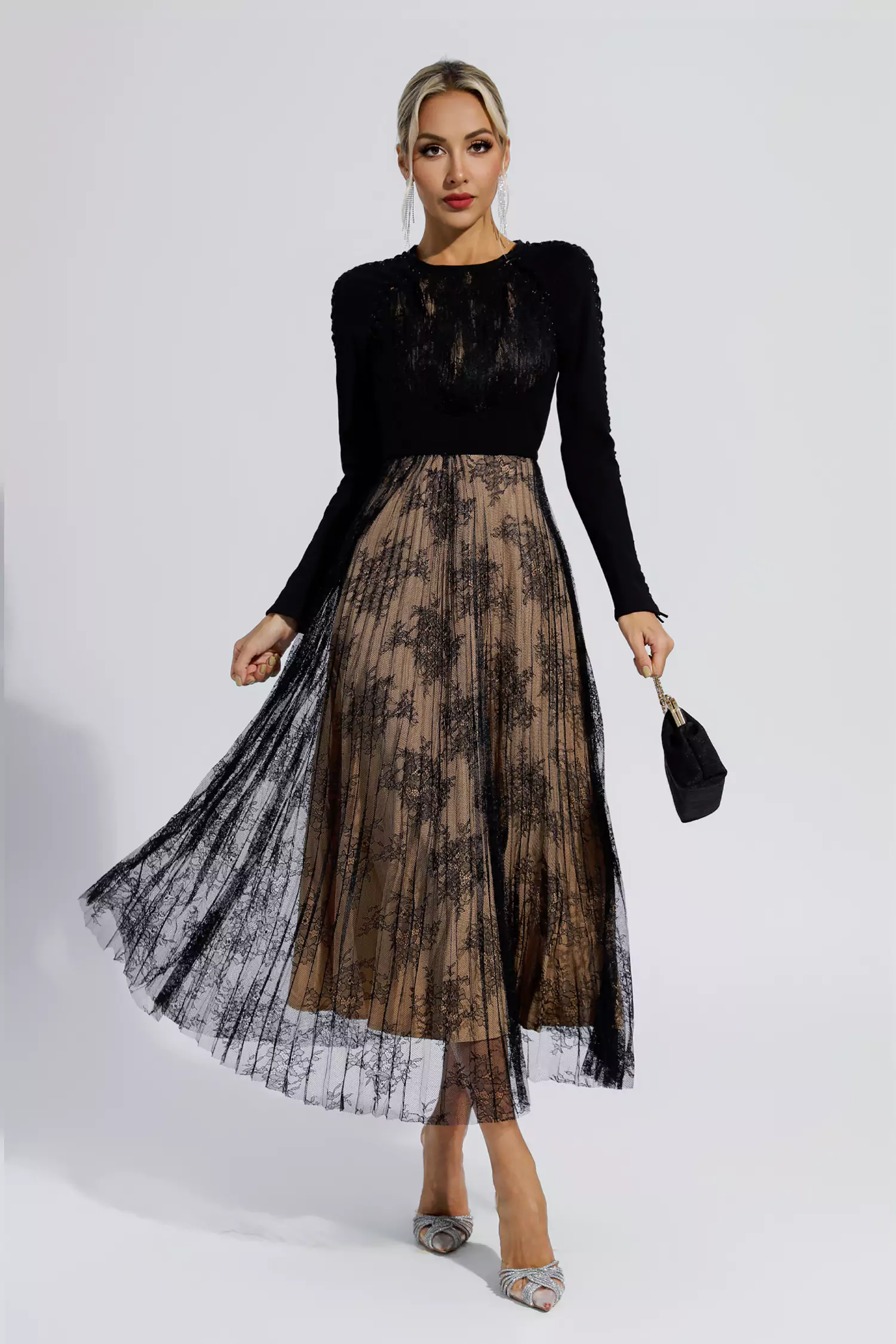 Itzel Black Lace Long Sleeve Maxi Dress-CATCHALL