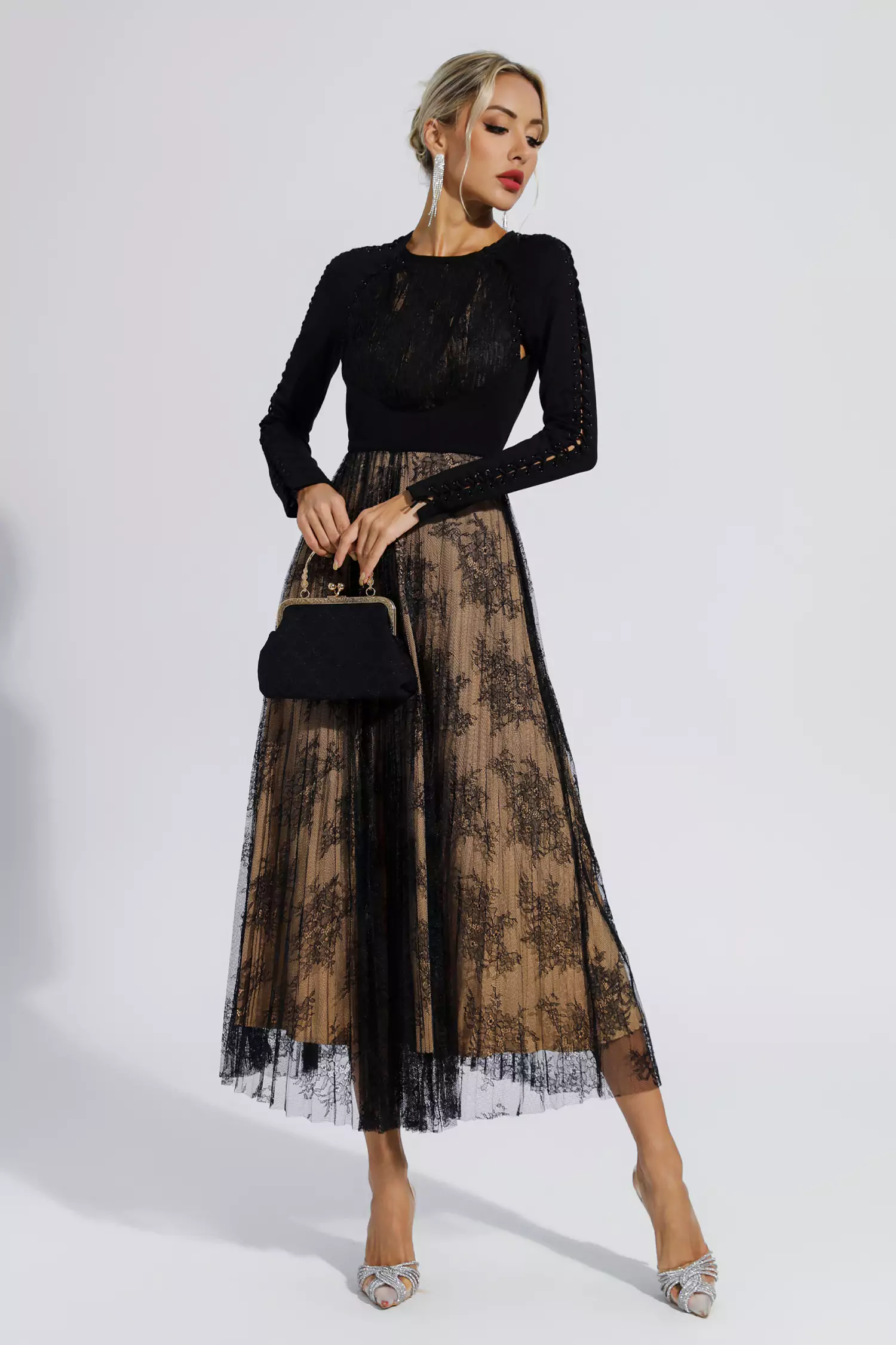 Itzel Black Lace Long Sleeve Maxi Dress-CATCHALL