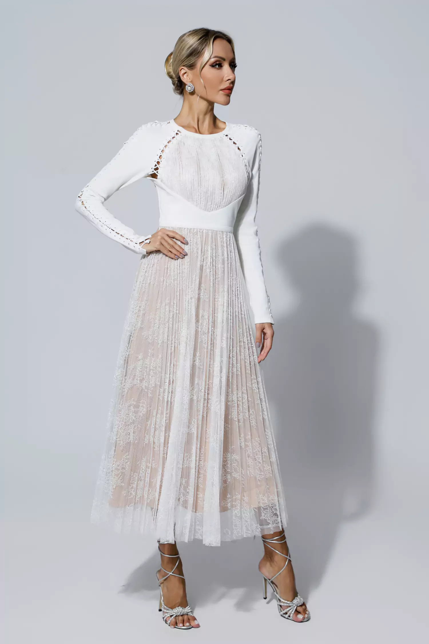 Itzel White Lace Long Sleeve Maxi Dress-CATCHALL