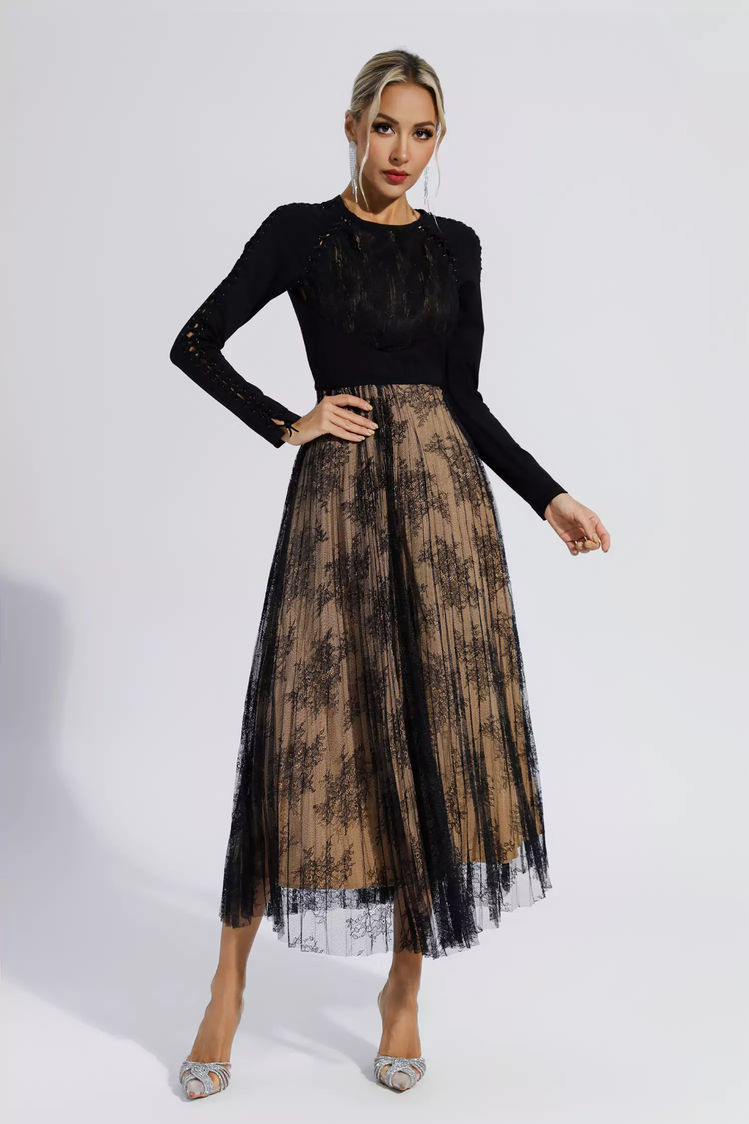 Itzel Black Lace Long Sleeve Maxi Dress-CATCHALL