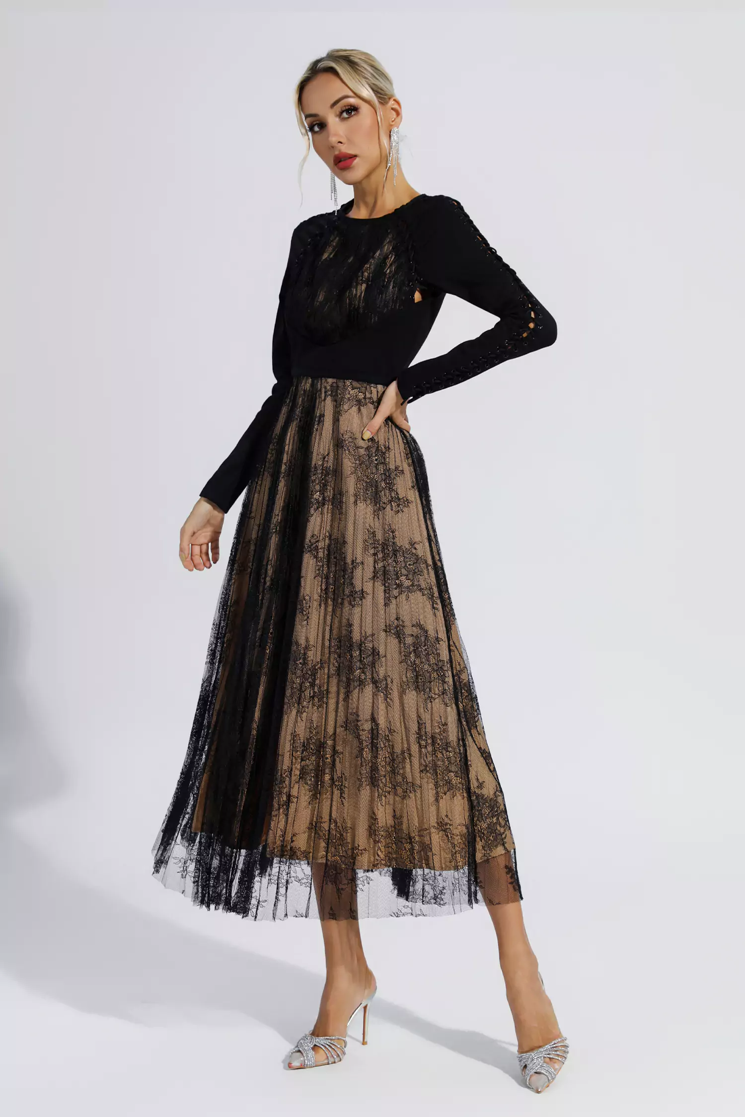 Itzel Black Lace Long Sleeve Maxi Dress-CATCHALL