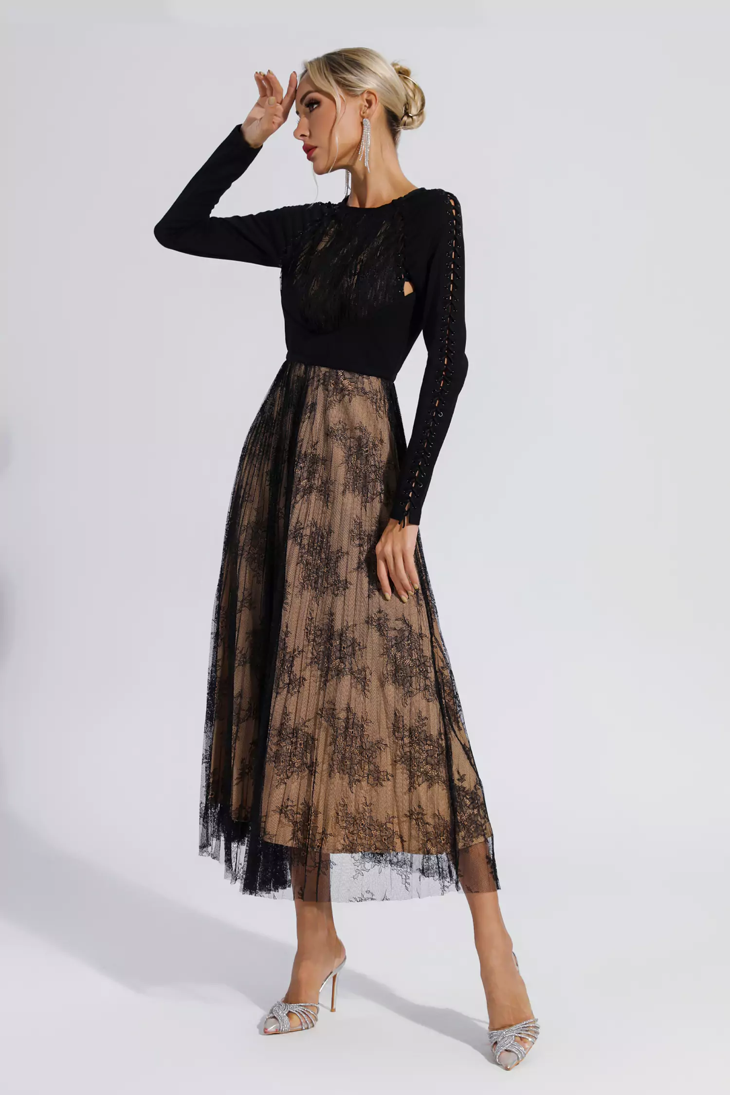 Itzel Black Lace Long Sleeve Maxi Dress-CATCHALL
