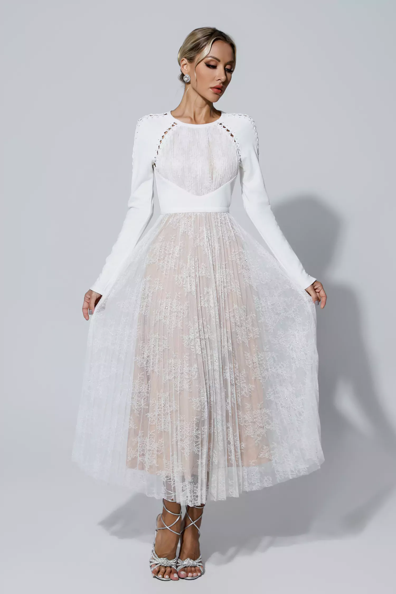 Itzel White Lace Long Sleeve Maxi Dress-CATCHALL