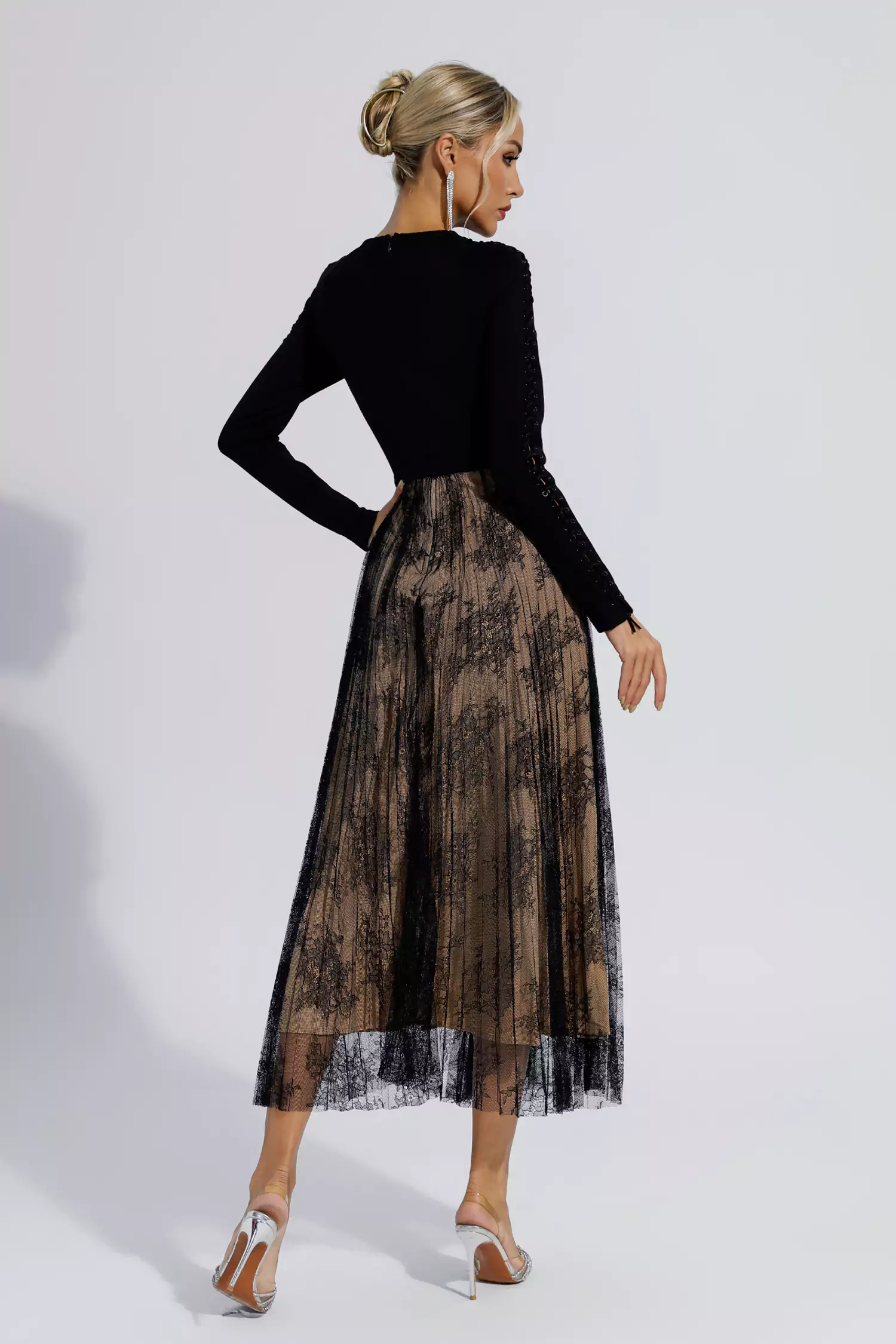 Itzel Black Lace Long Sleeve Maxi Dress-CATCHALL