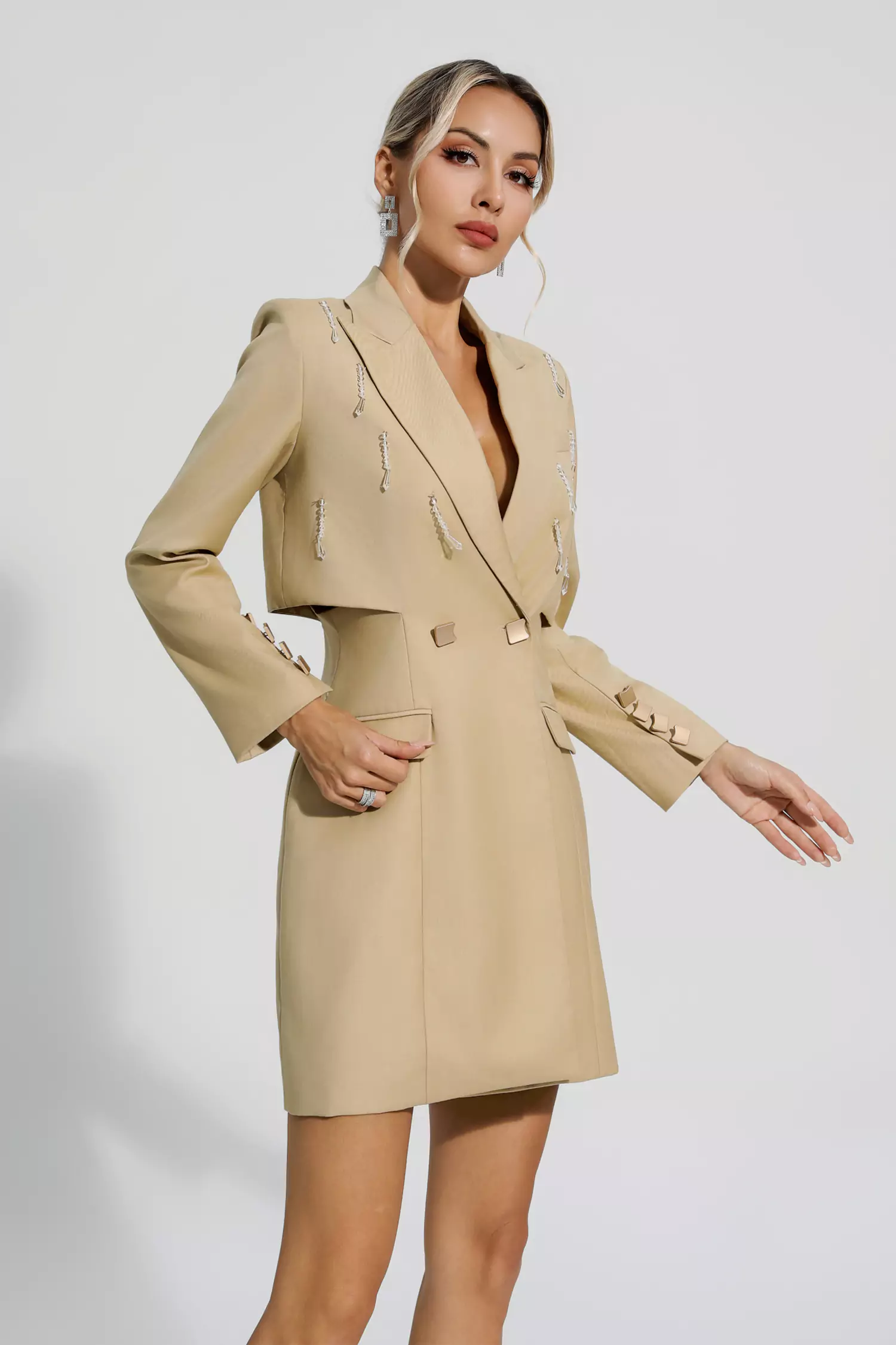 Jada Khaki Long Sleeve Blazer Dress-CATCHALL