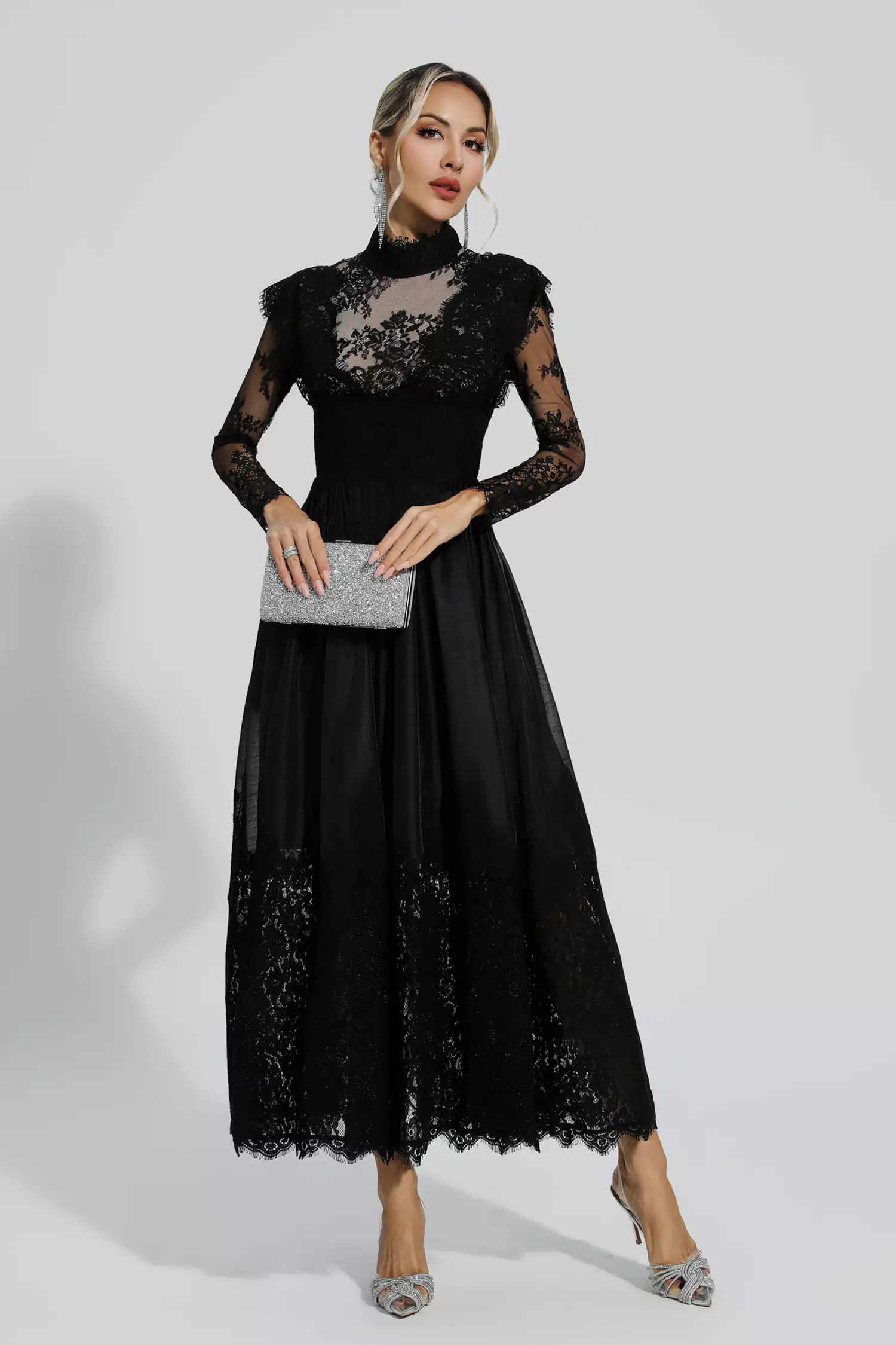 Jamie Black Floral Lace Stitching Long Sleeve Dress