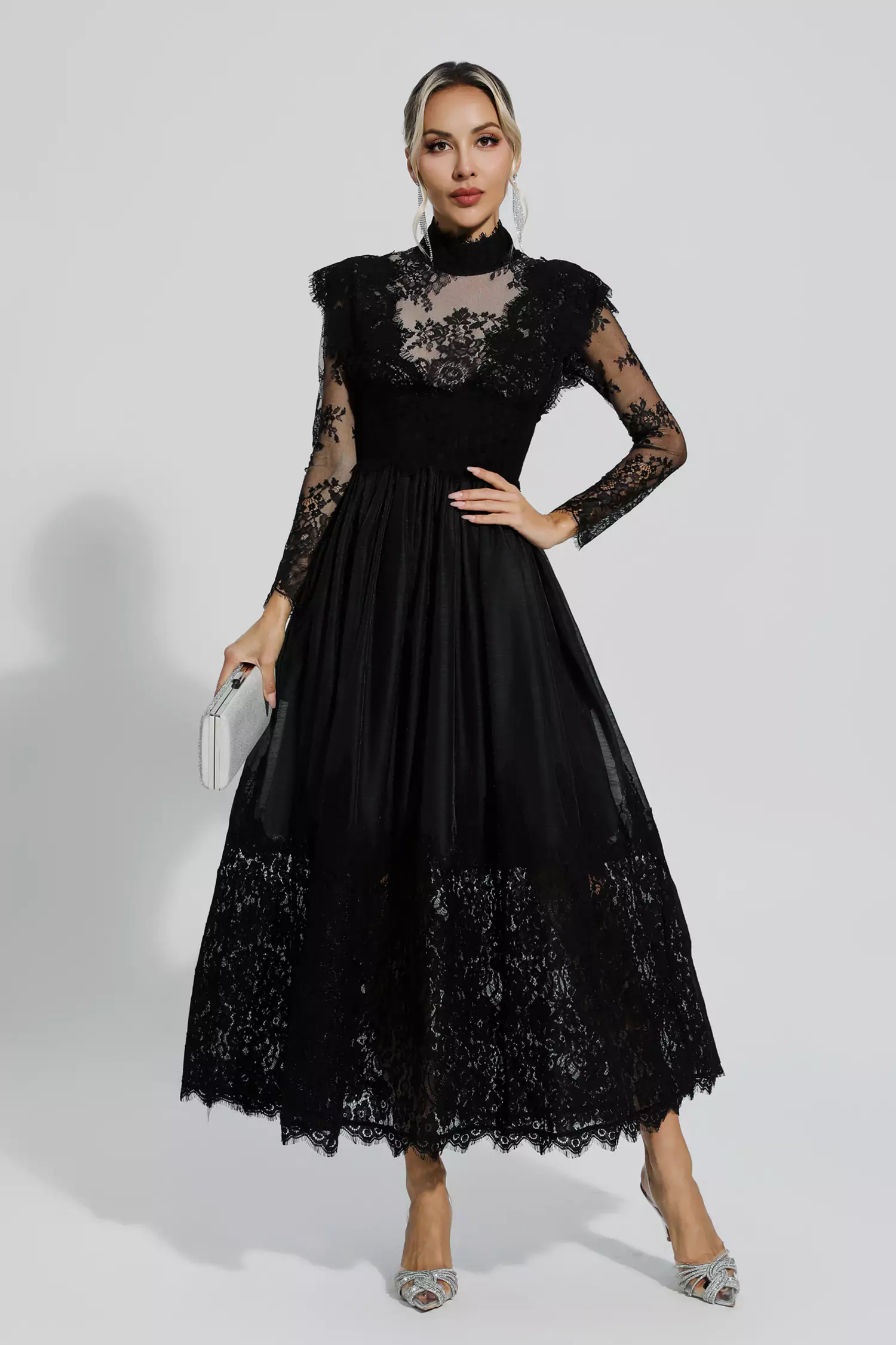 Jamie Black Floral Lace Stitching Long Sleeve Dress-CATCHALL
