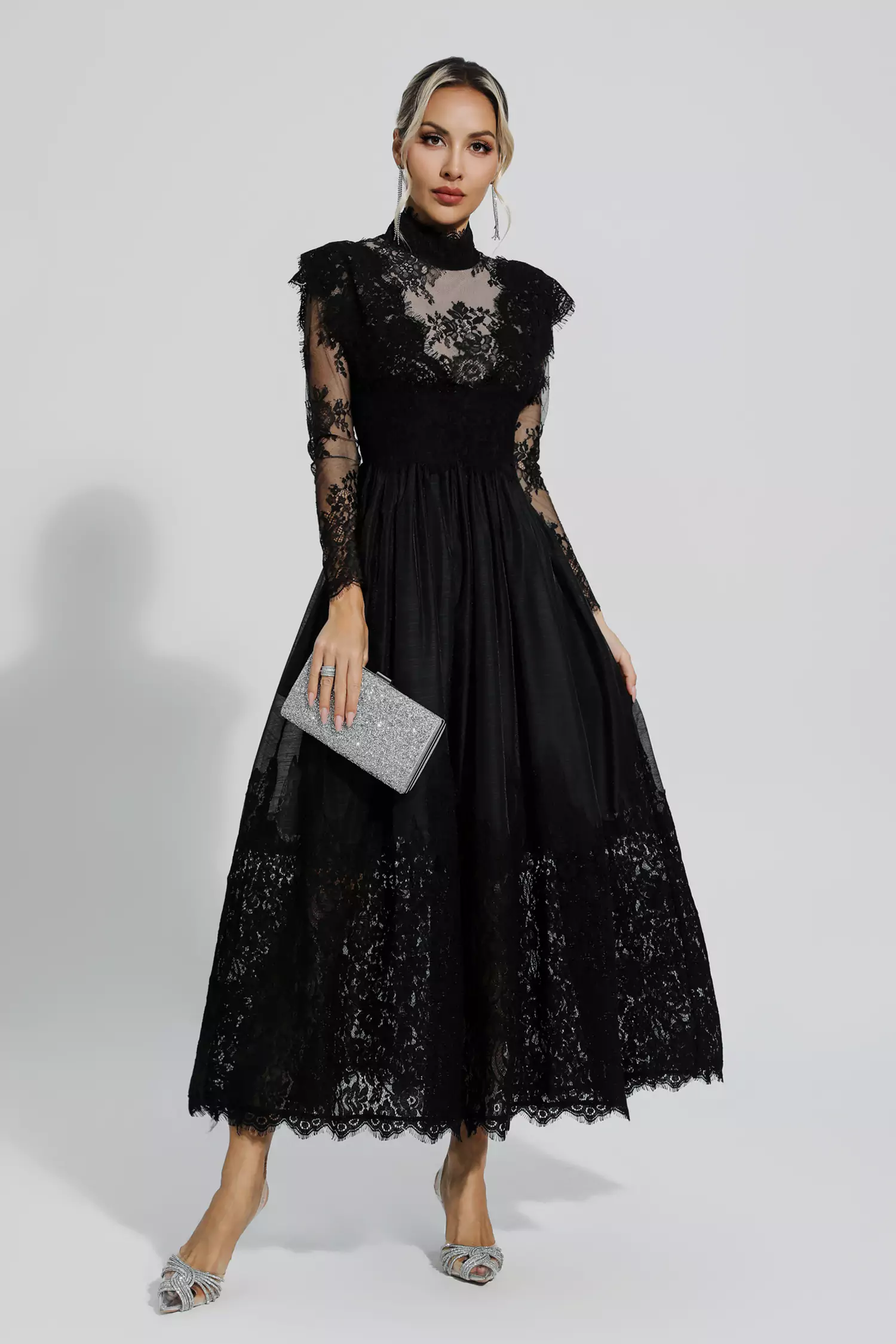 Jamie Black Floral Lace Stitching Long Sleeve Dress-CATCHALL