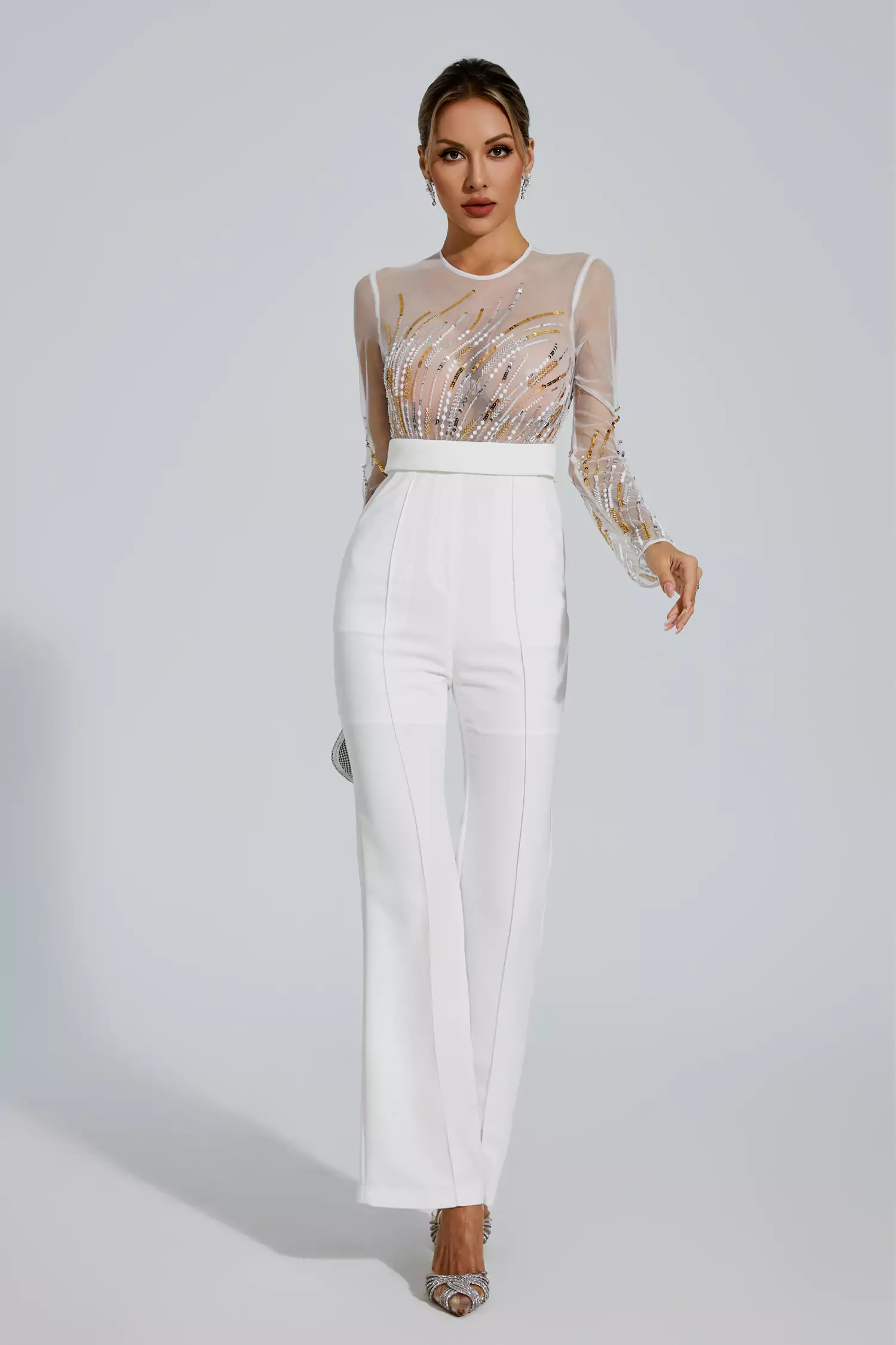 Jaycee White Sequin Mesh Jumpsuit-CATCHALL