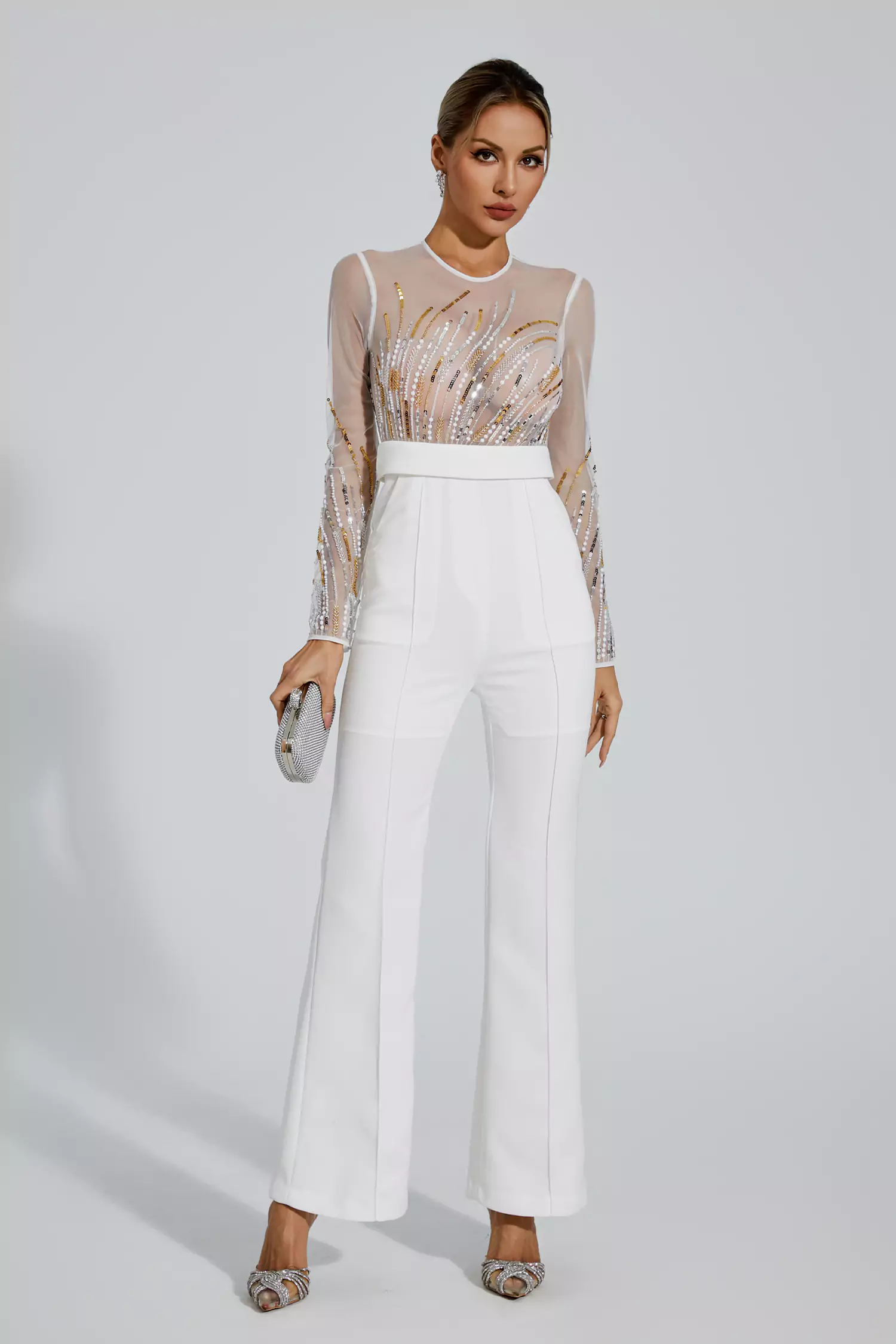 Jaycee White Sequin Mesh Jumpsuit-CATCHALL